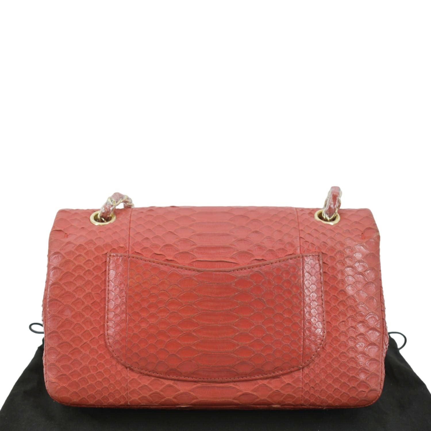 CHANEL Classic Medium Double Flap Python Leather Shoulder Bag Red