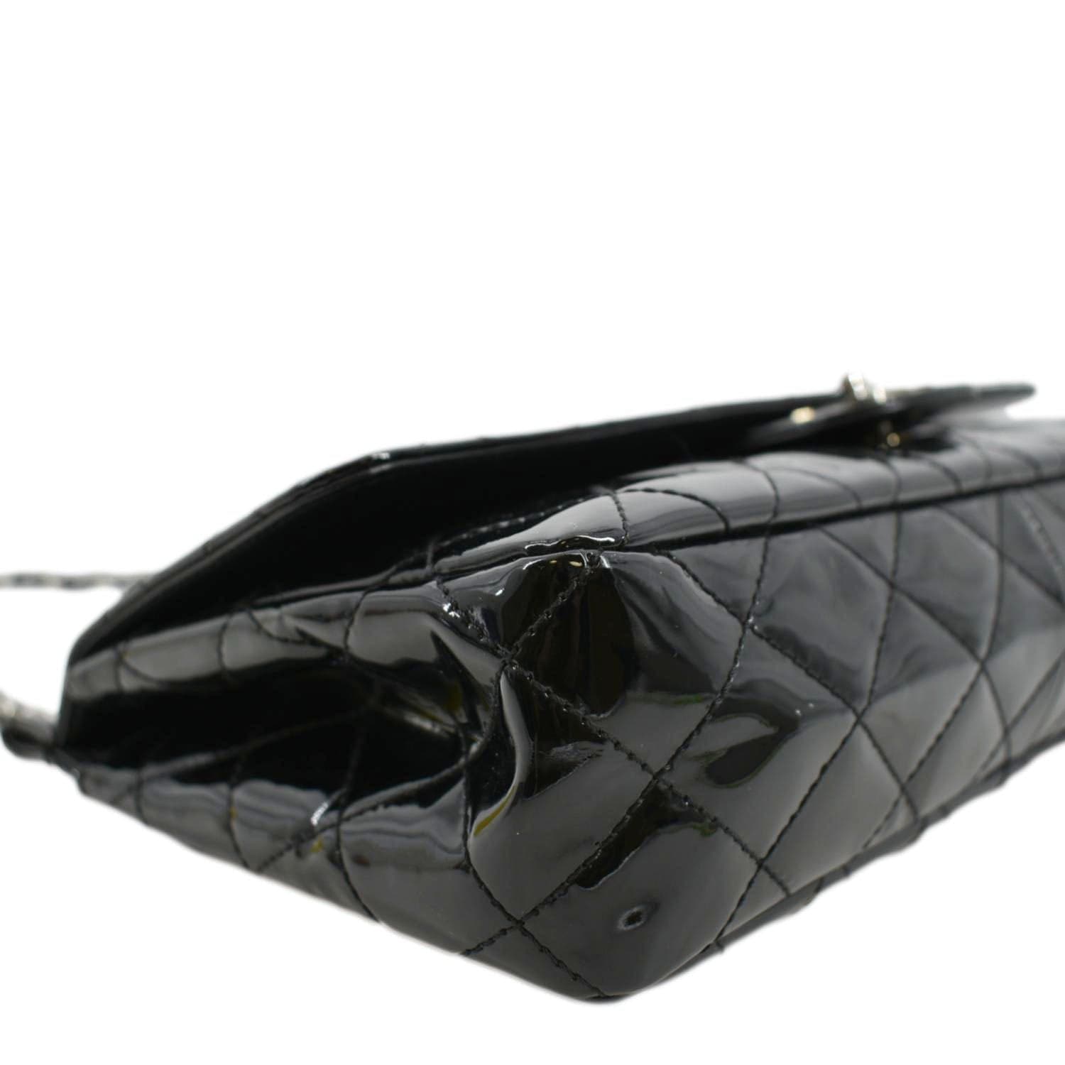 CHANEL Through Flap Quilted Patent Leather Shoulder Bag Black
