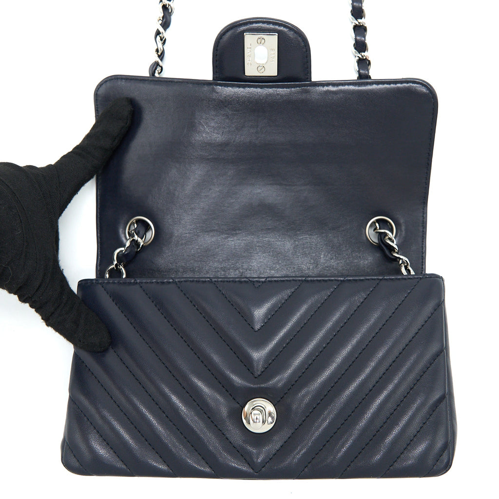 Chanel Mini Rectangular Flap Bag Chevron Lambskin Navy