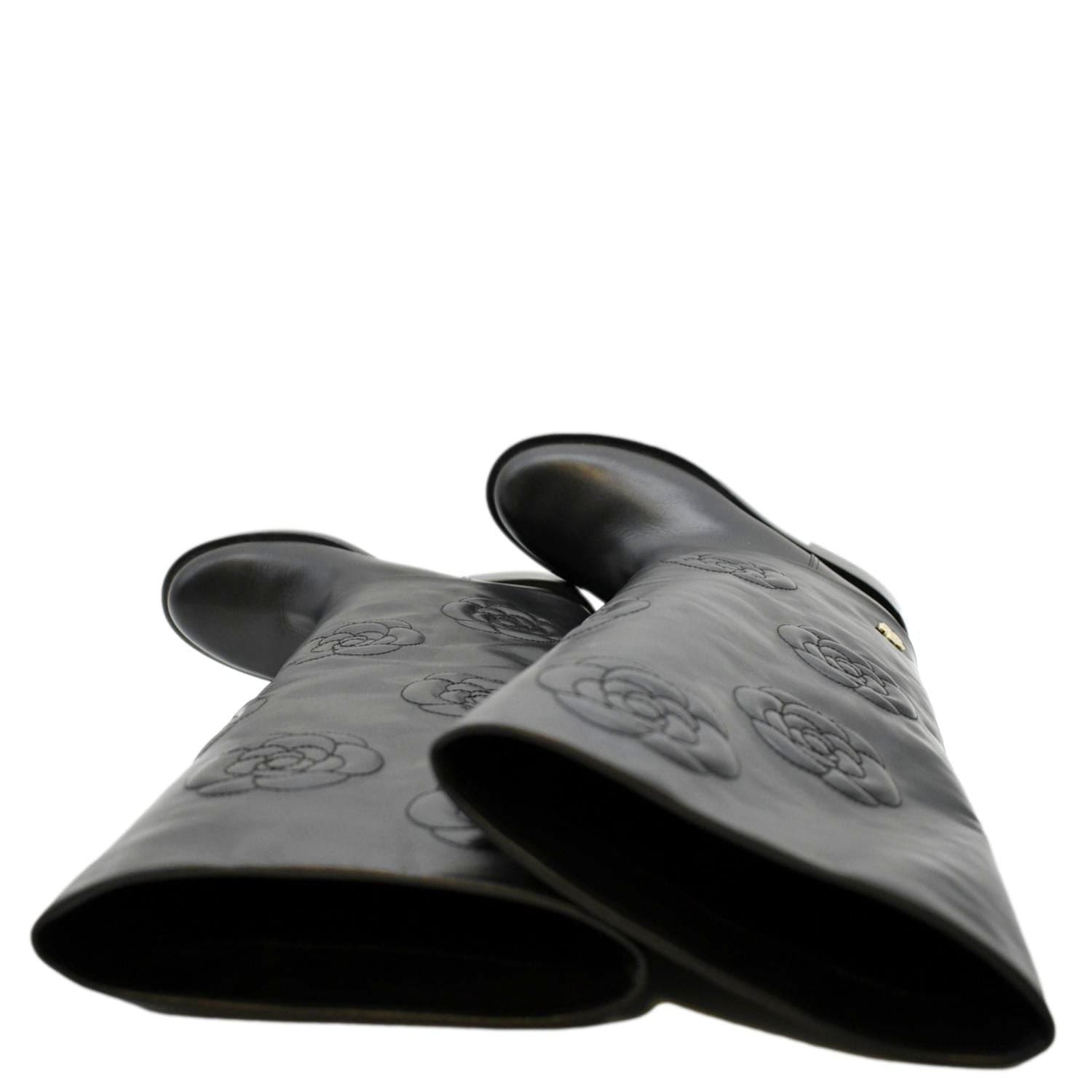 CHANEL Camellia Leather Boot Black Size 39.5