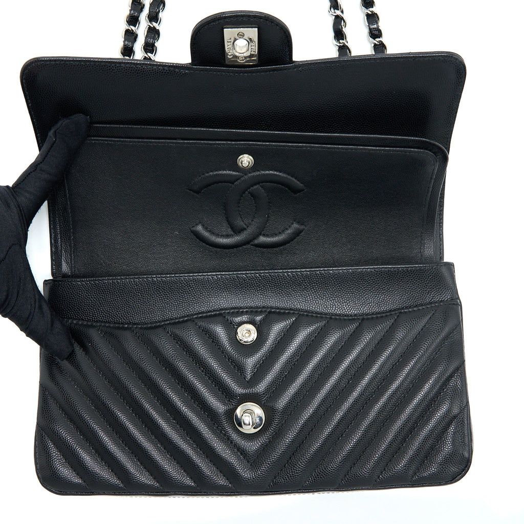 Chanel Medium Classic Double Flap Bag Chevron Caviar Black