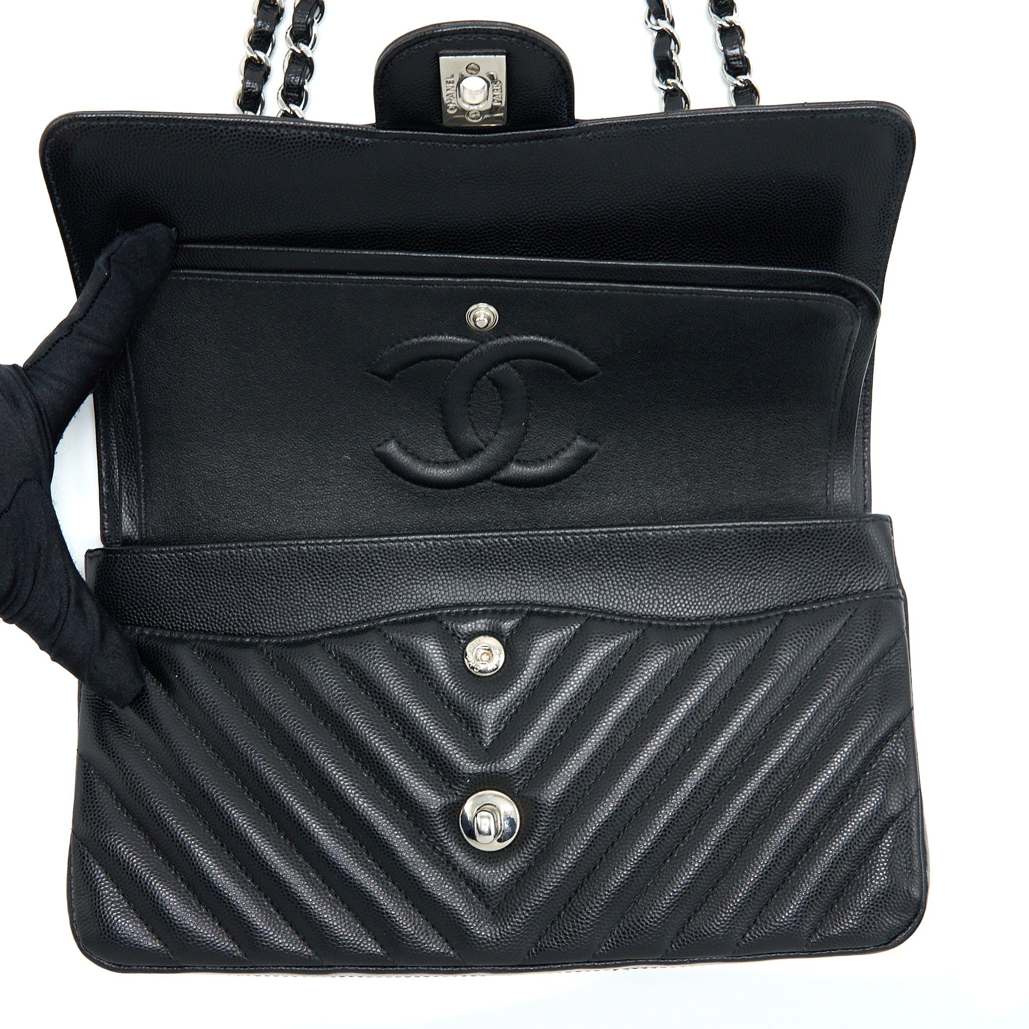 Chanel Medium Classic Double Flap Bag Chevron Caviar Black