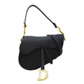 CHRISTIAN DIOR Saddle Grained Calfskin Leather Satchel Shoulder Bag Navy Blue