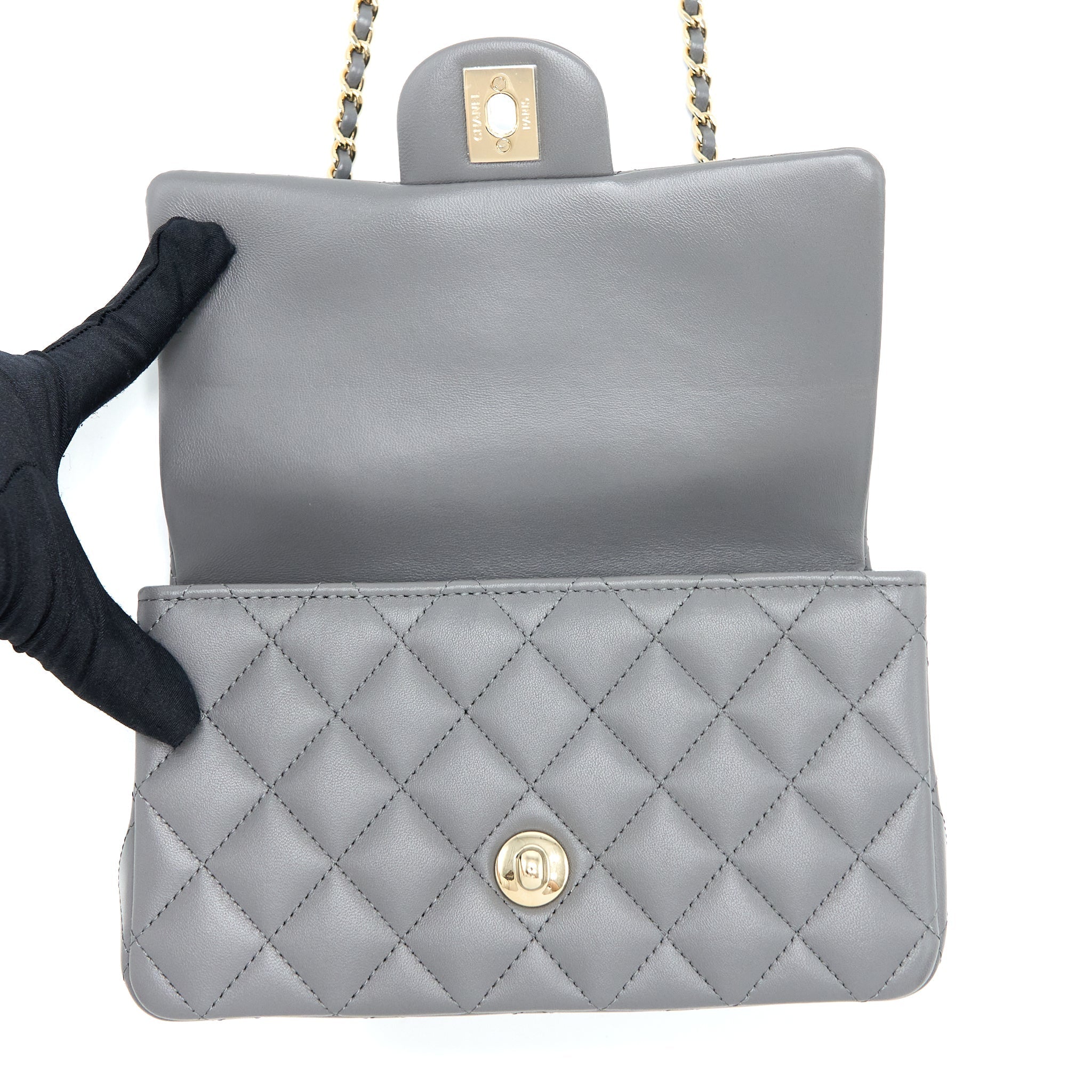 Chanel Top Handle Mini Rectangular Flap Bag Lambskin Grey L (Microchip)