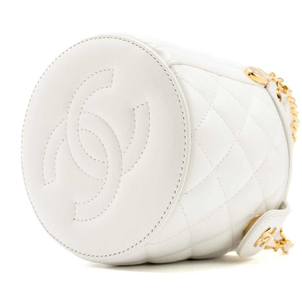 Chanel top handle round vanity with chain lambskin white  (microchip)