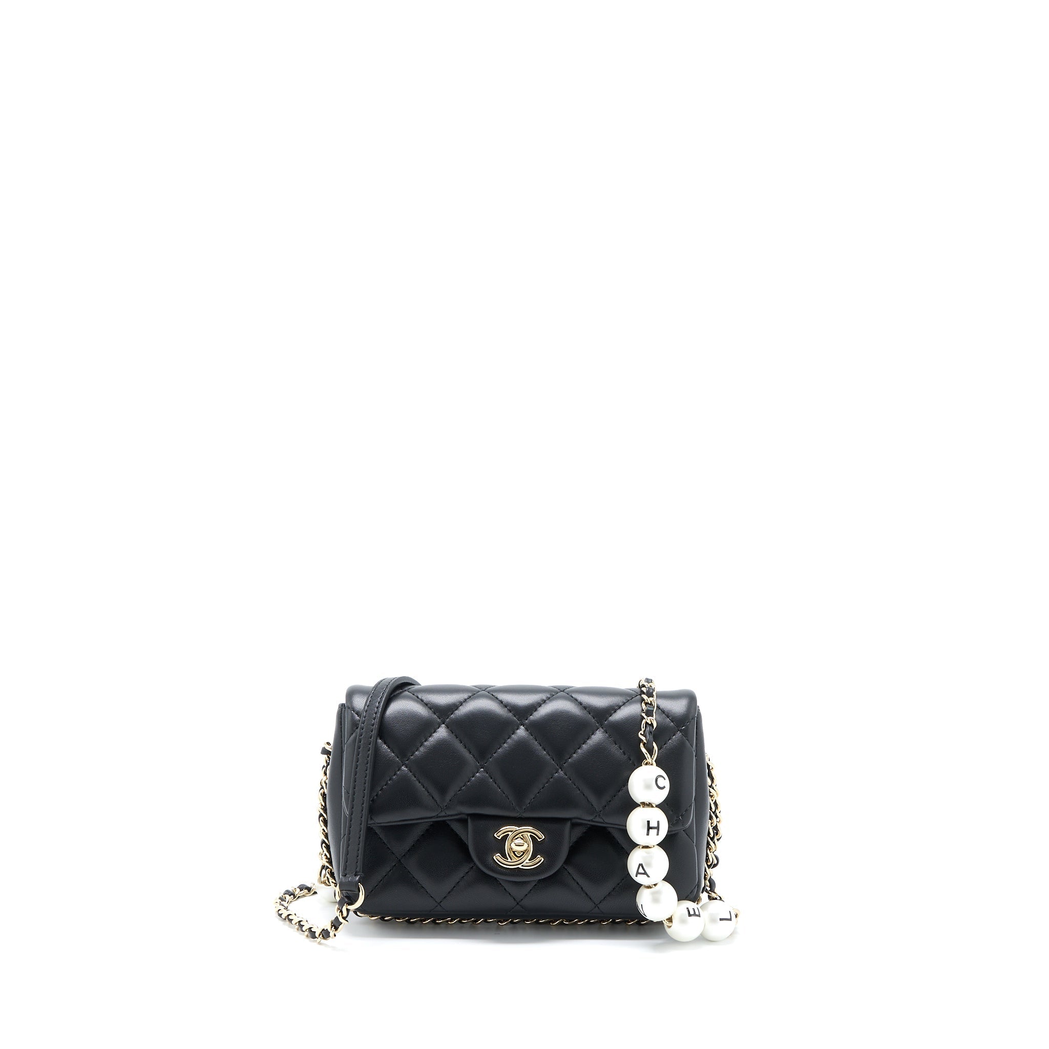 Chanel Pearl Chain Flap Bag Quilted Lambskin Black L