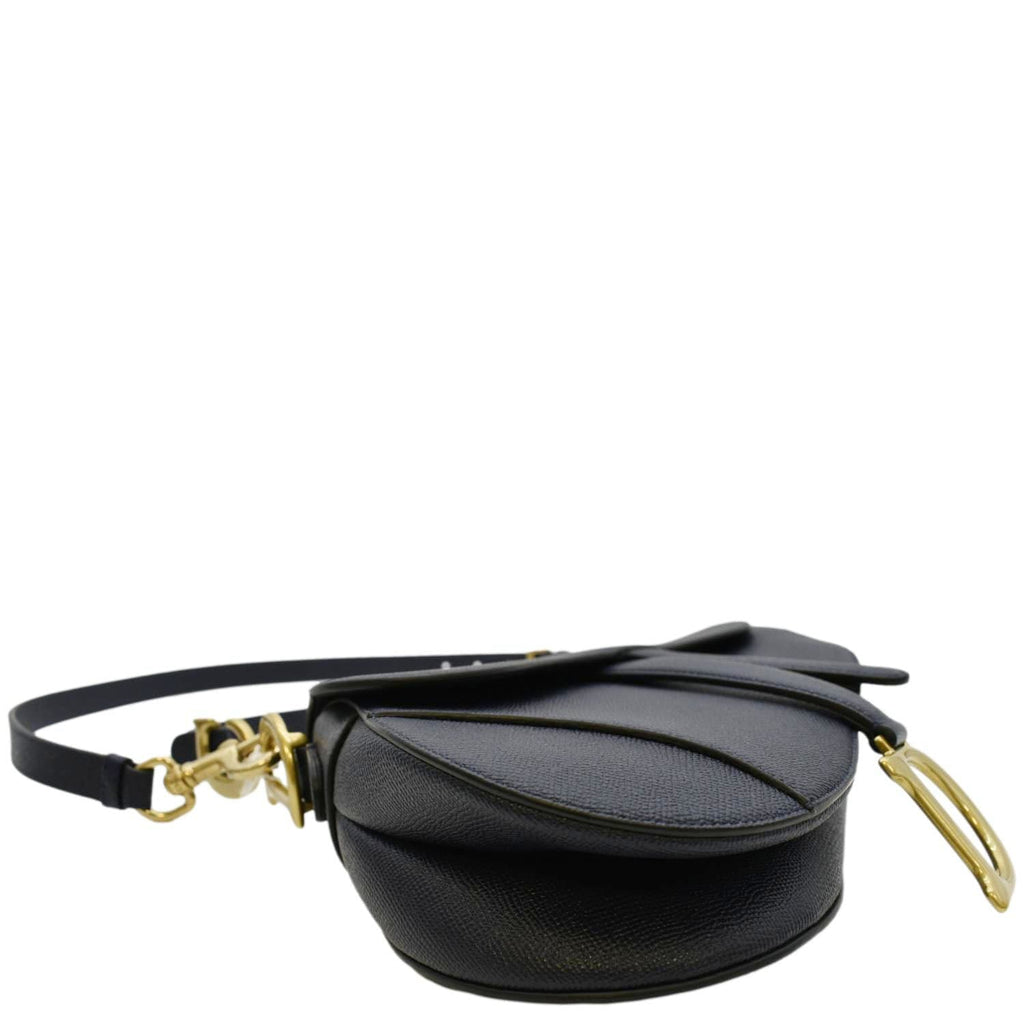 CHRISTIAN DIOR Saddle Grained Calfskin Leather Satchel Shoulder Bag Navy Blue