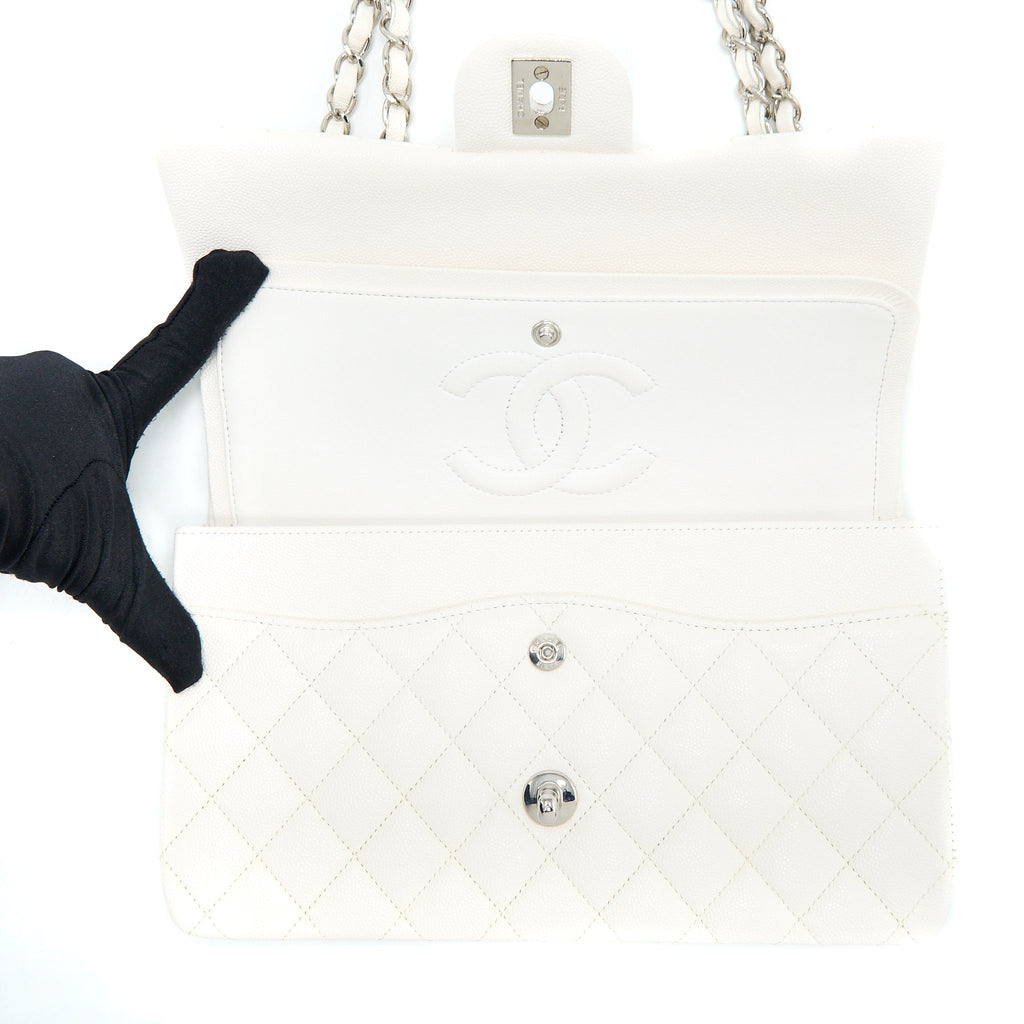 Chanel Medium Classic Double Flap Bag Caviar White  (Microchip)