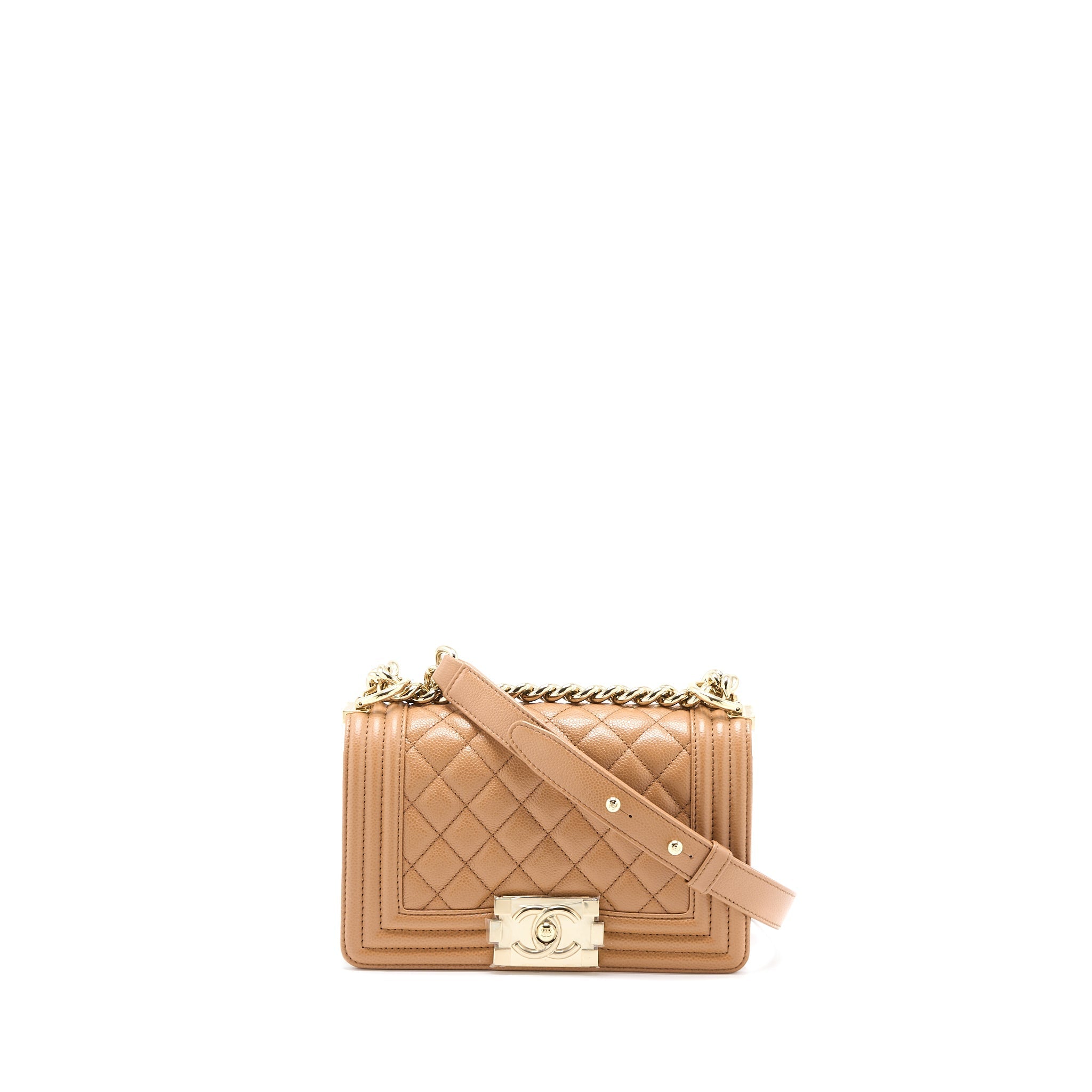 Chanel 21K Small Boy Bag Caviar Camel L (Microchip)