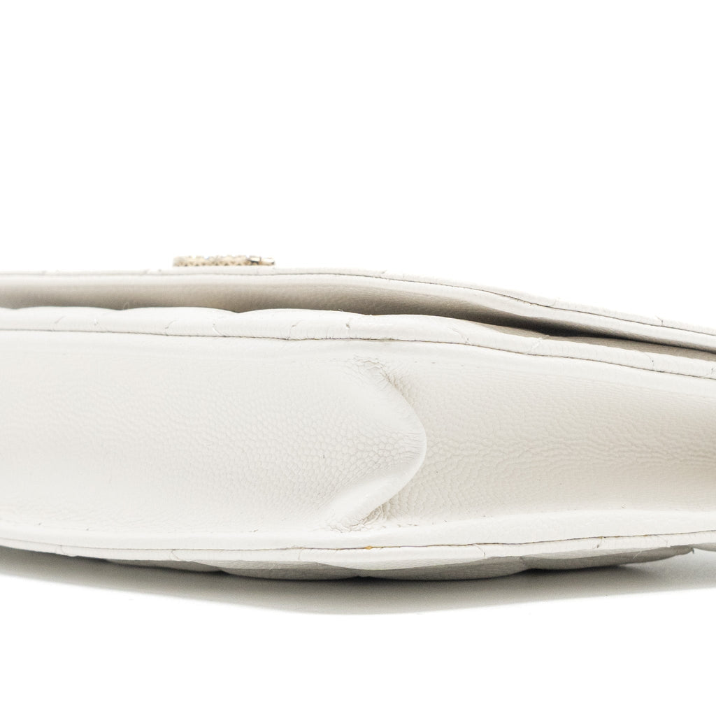 Chanel Detail Crystal CC Logo Wallet On Chain Caviar White L(Microchip)