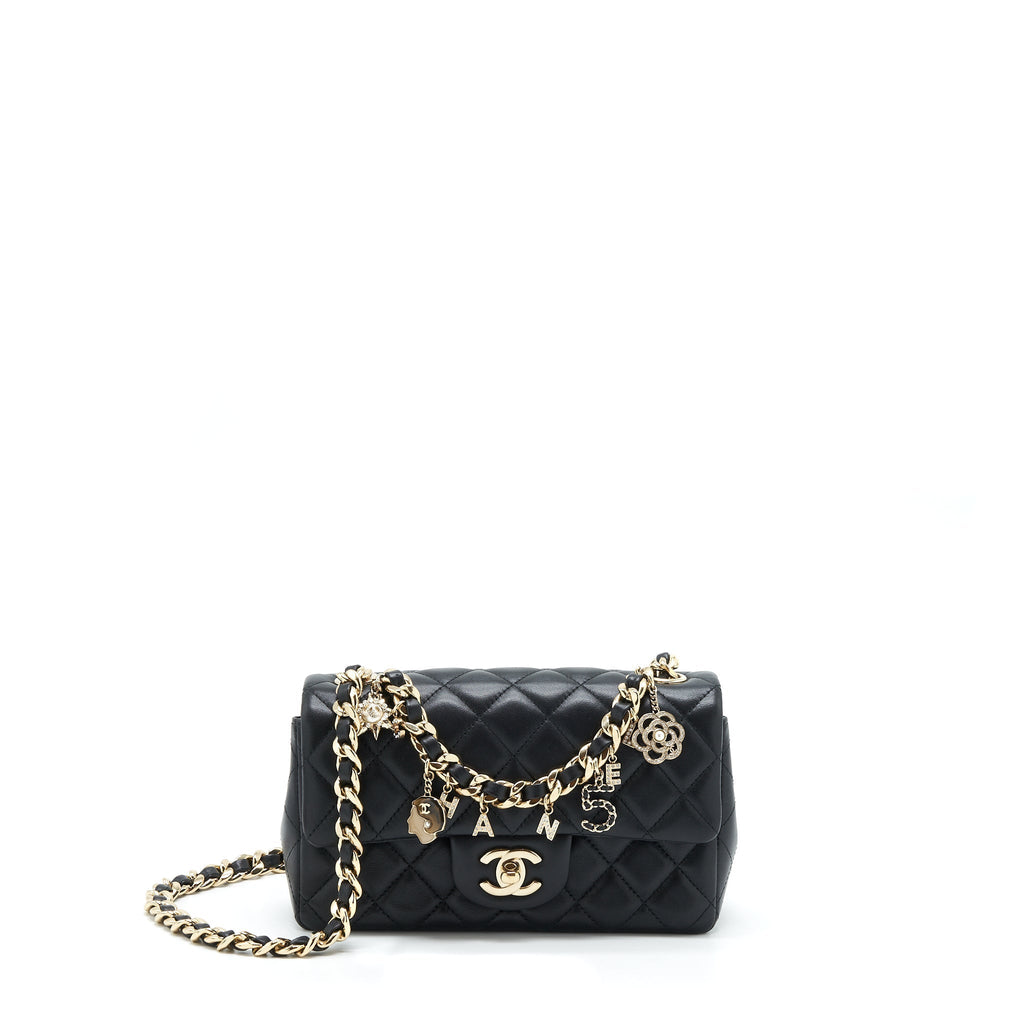 Chanel Mini Rectangular Flap Bag With Bag Charms Giant Chains Lambskin Black