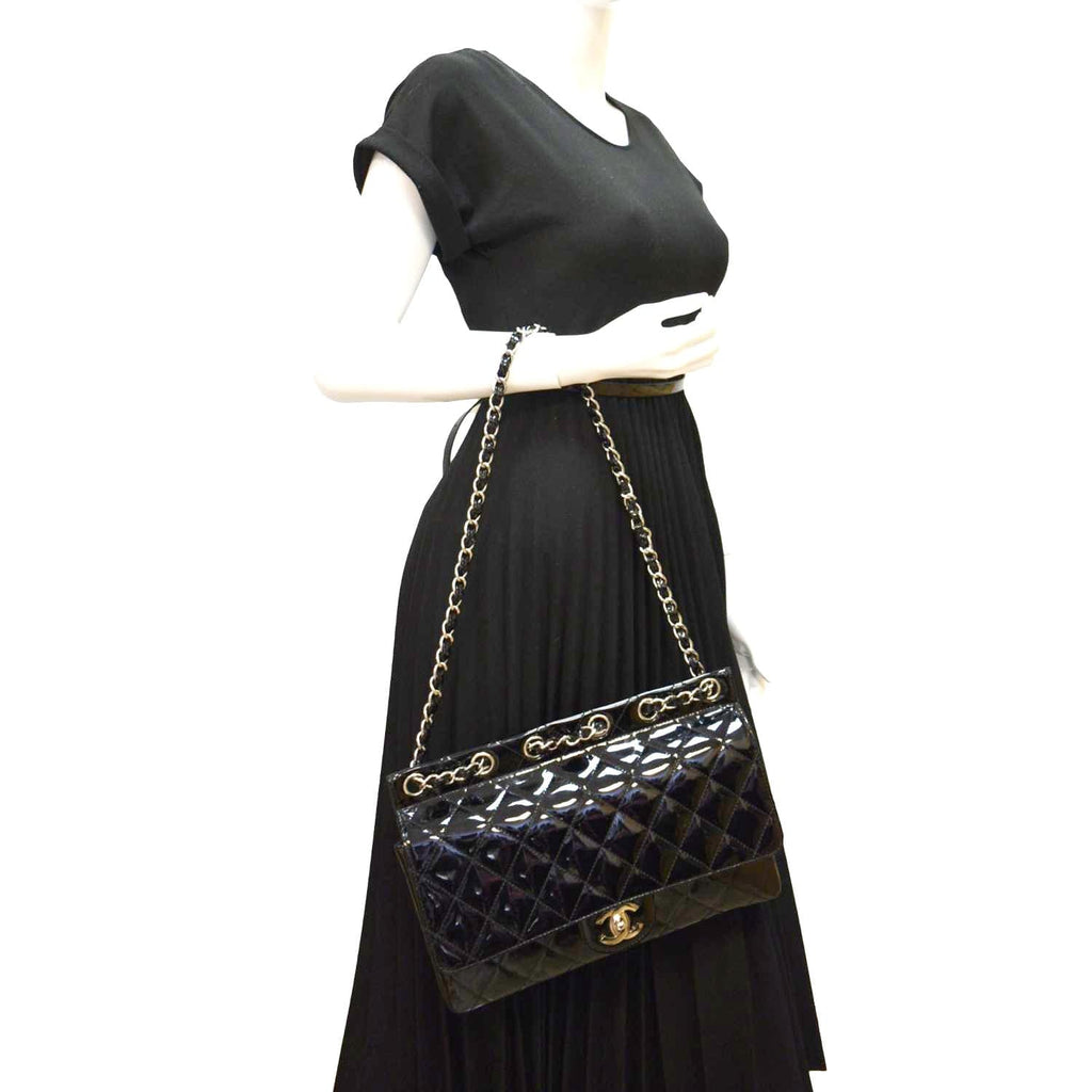 CHANEL Through Flap Quilted Patent Leather Shoulder Bag Black