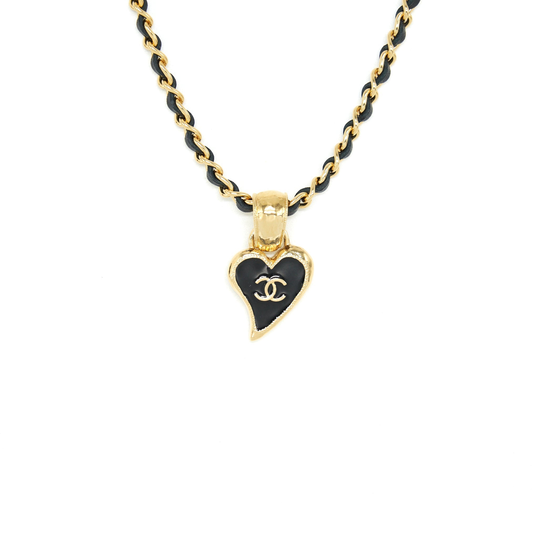 Chanel Leather Chain Necklace Black With Heart CC Pendant