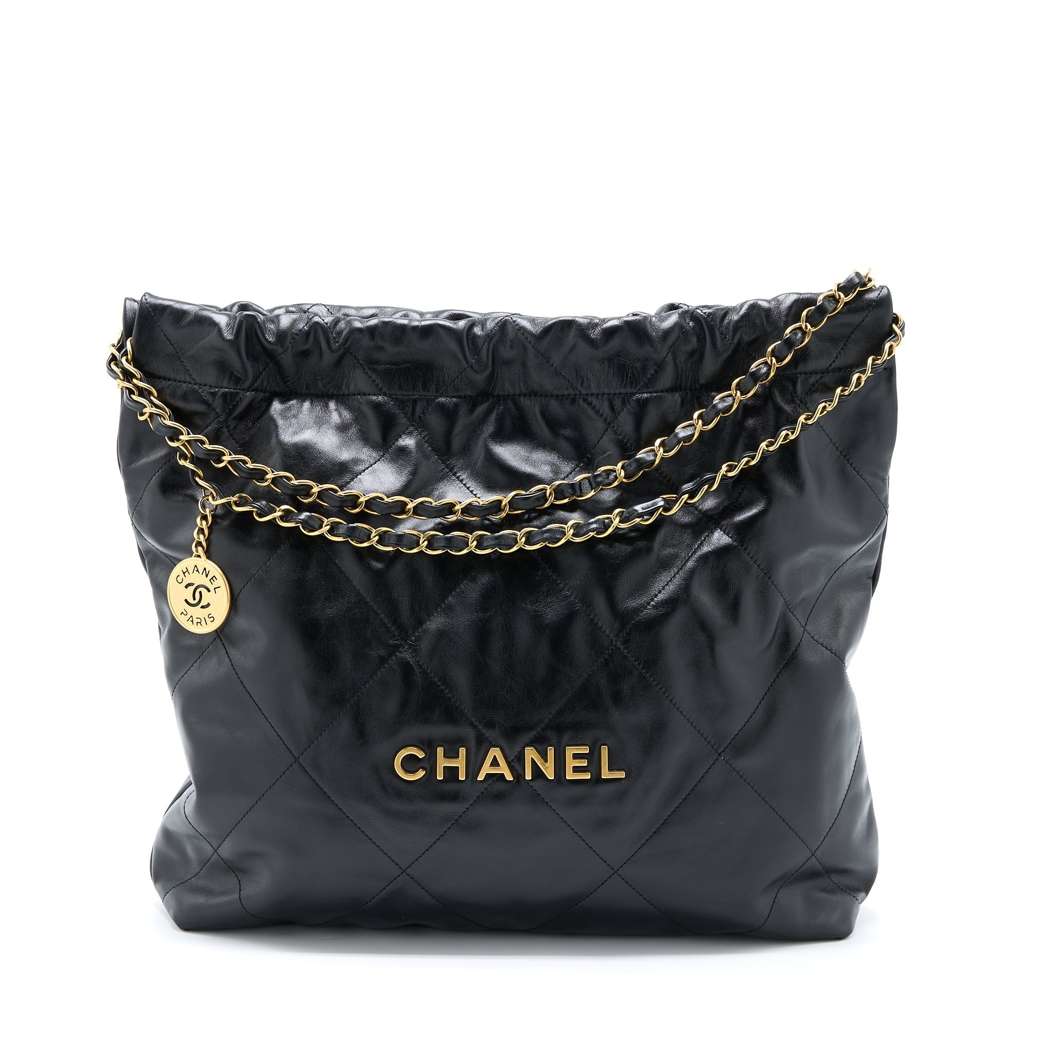 Chanel Medium 22 Bag Shiny Calfskin Black Brushed  (Microchip)