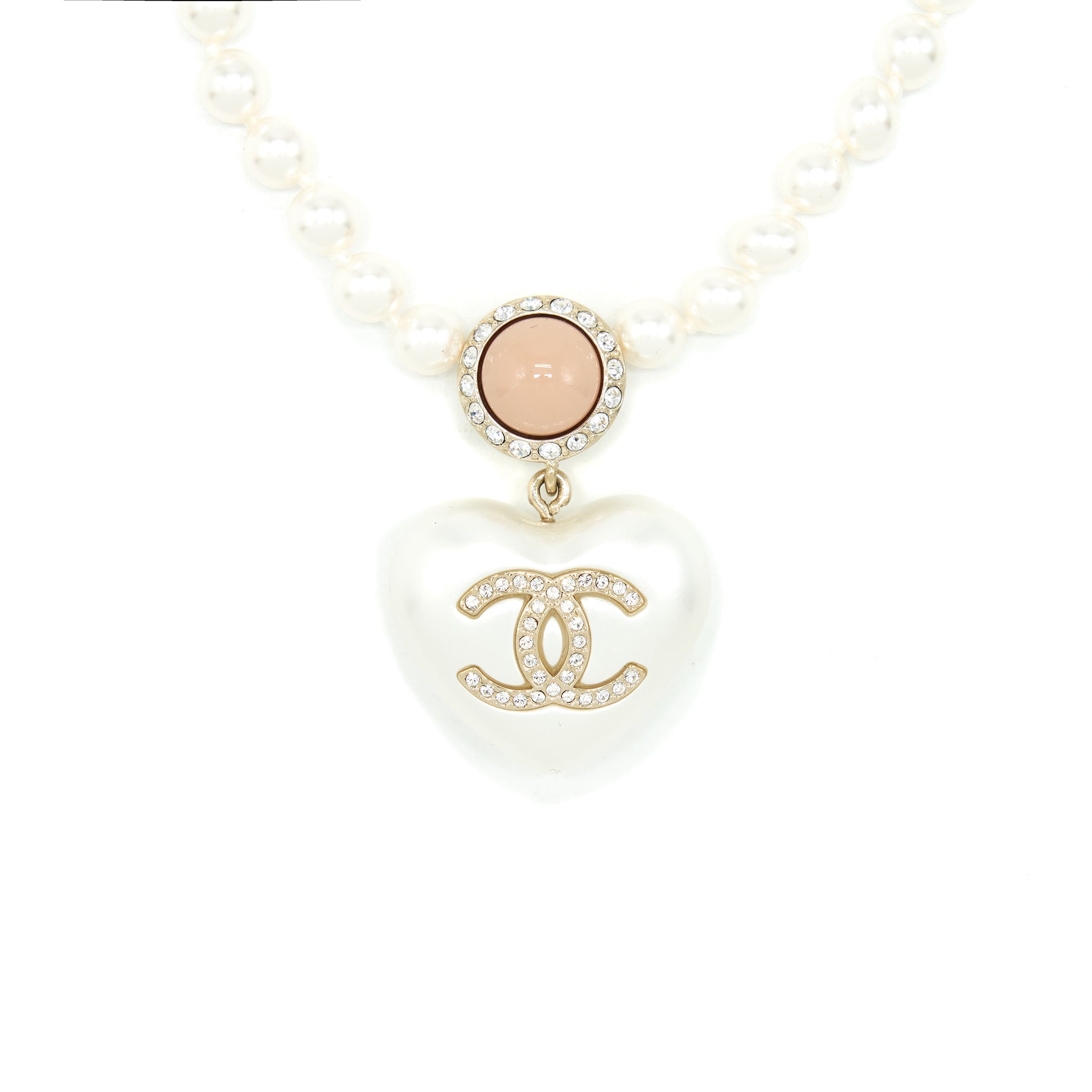Chanel Pearl Necklace With Heart Pearl Crystal CC Logo L
