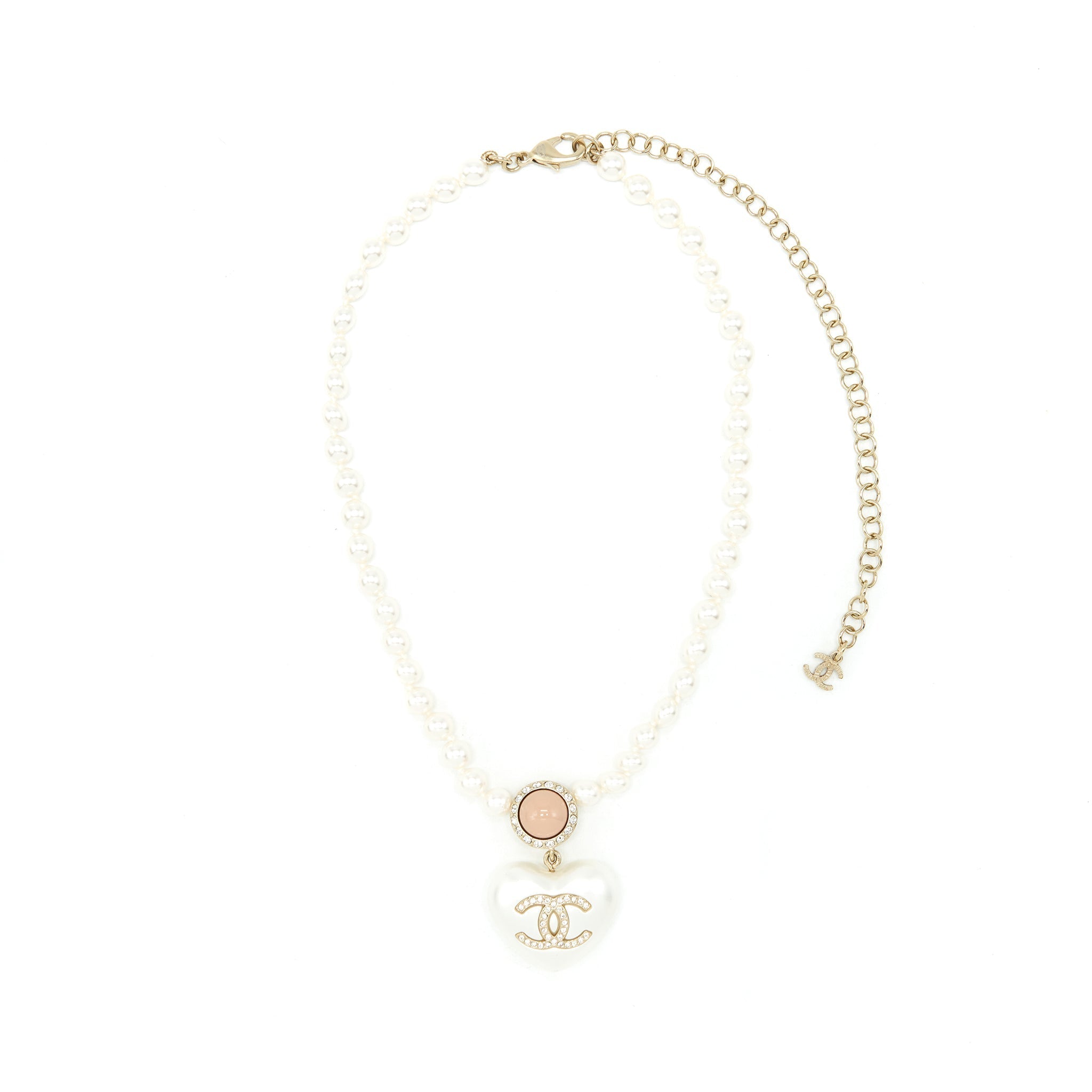Chanel Pearl Necklace With Heart Pearl Crystal CC Logo L