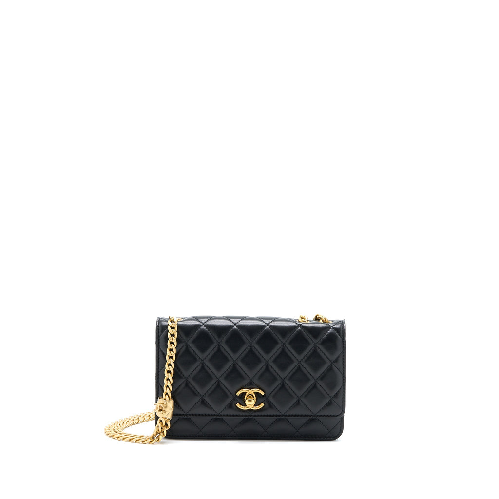 Chanel 22K Gold Pillar Wallet On Chain Lambskin Black Brushed  (Microchip)