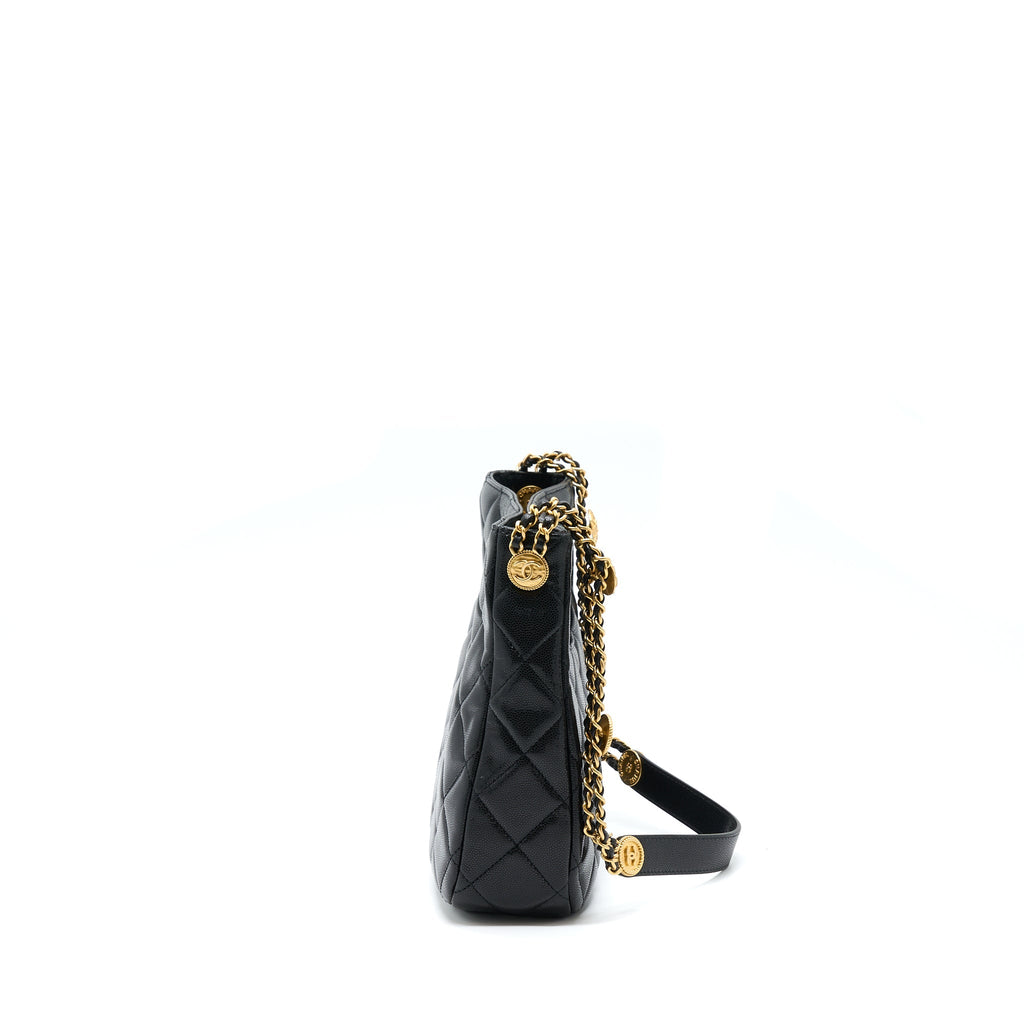 Chanel 22A Twist Your Buttons Hobo Shoulder Bag Caviar Black