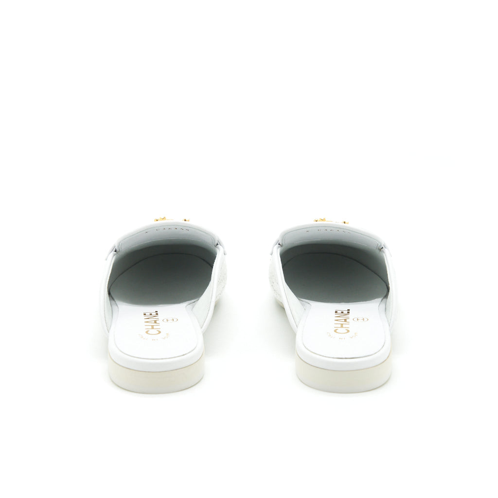 Chanel Size 38 CC Logo Sequins Lambskin Mule White