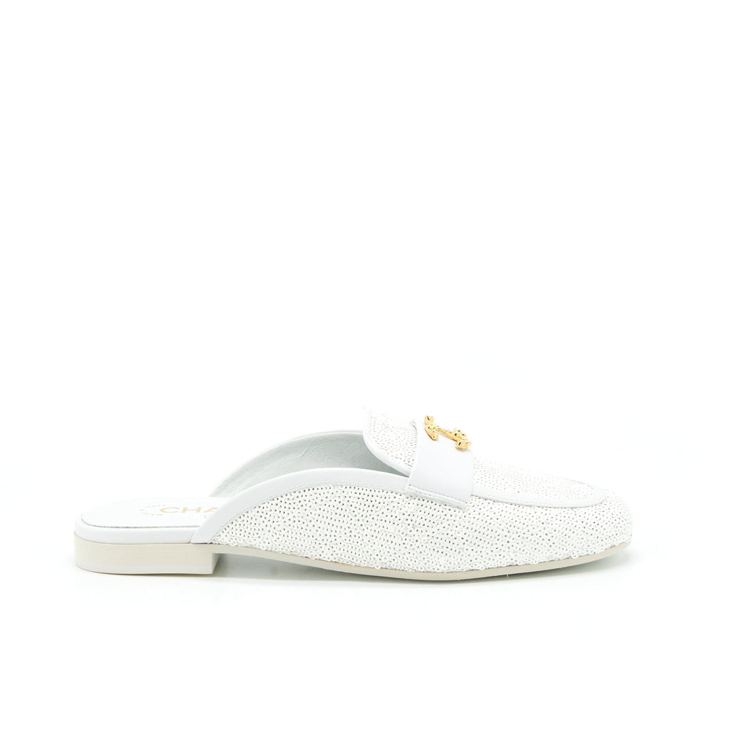 Chanel Size 38 CC Logo Sequins Lambskin Mule White