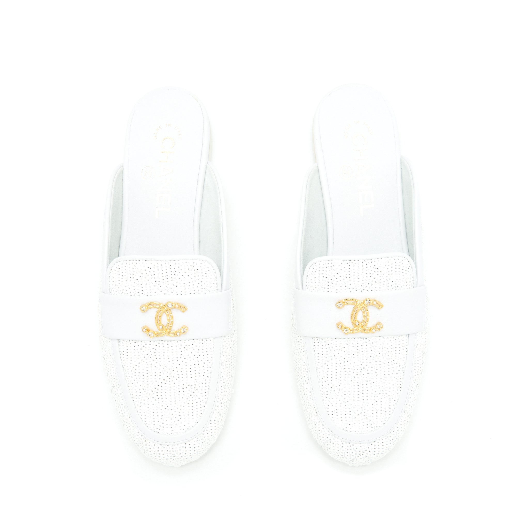 Chanel Size 38 CC Logo Sequins Lambskin Mule White