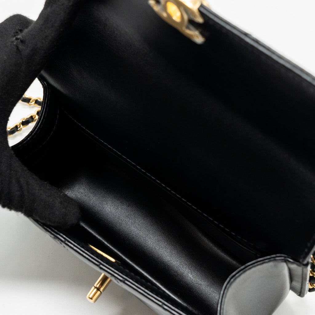 Chanel 24c Gold Crush Mini Flap Bag Calfskin Black  (Microchip)