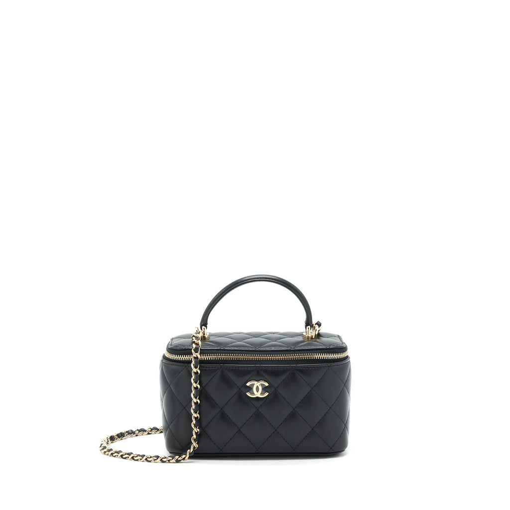 Chanel Top Handle Long Vanity With Chain Lambskin Black L