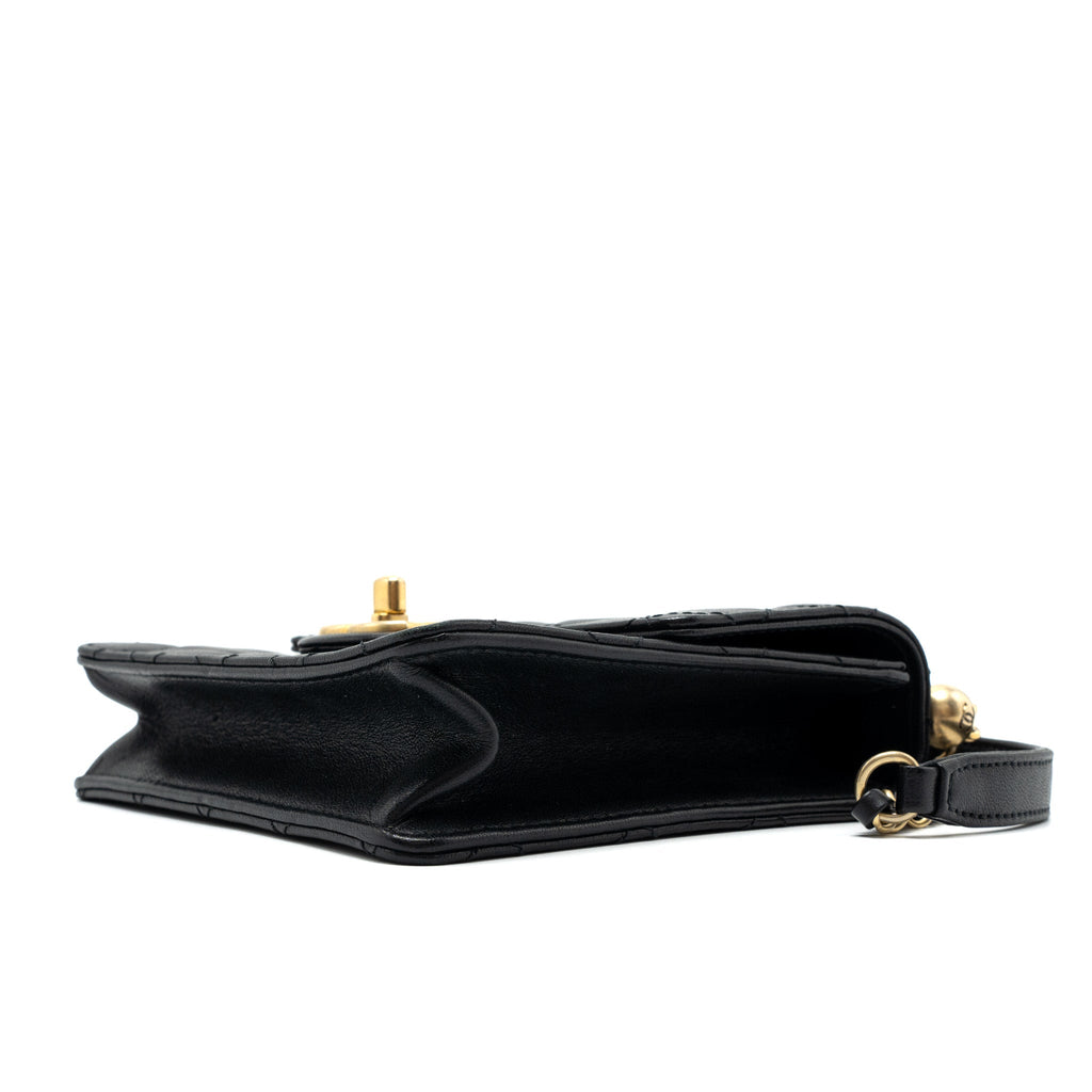 Chanel Square Pearl Flap Bag Lambskin Black Brushed