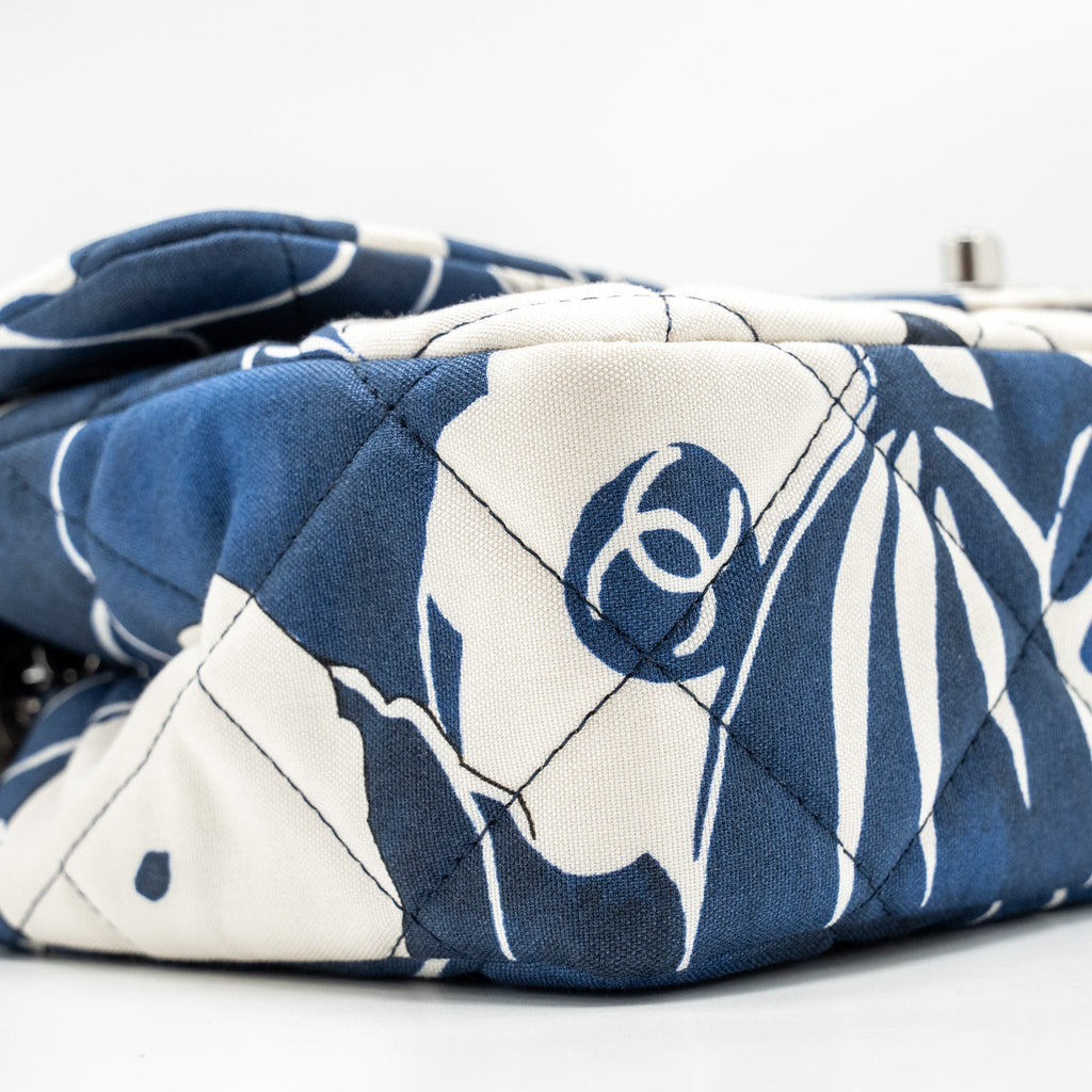 Chanel Medium Limited Edition Flora Printed Classic Flap Bag Silk Blue/WHITE  (Microchip)