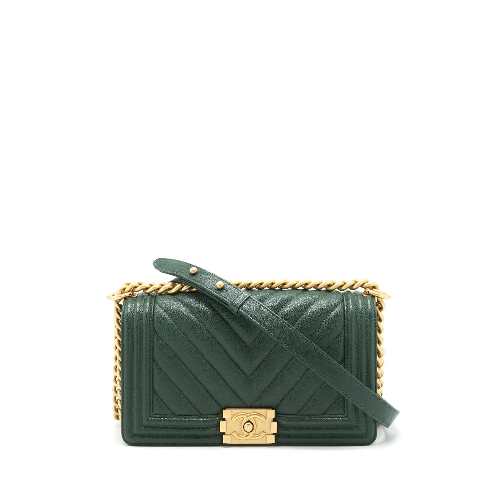 Chanel Chevron Medium Boy Bag Caviar Green Brushed