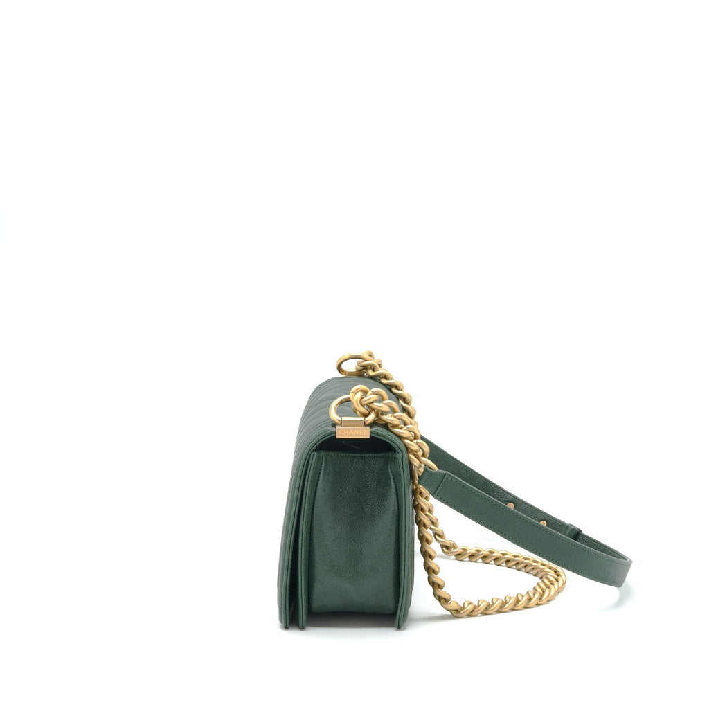 Chanel Chevron Medium Boy Bag Caviar Green Brushed