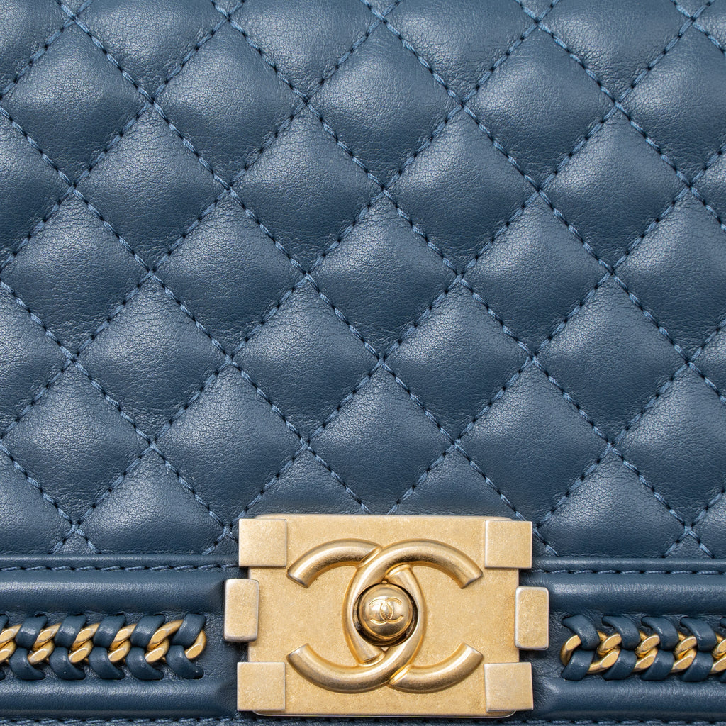 Chanel Top Handle Boy Bag Lambskin Dark Blue Brushed