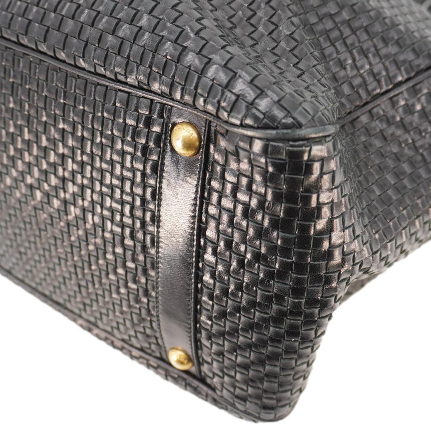 PRADA Frame Woven Madra Leather Tote Bag Black