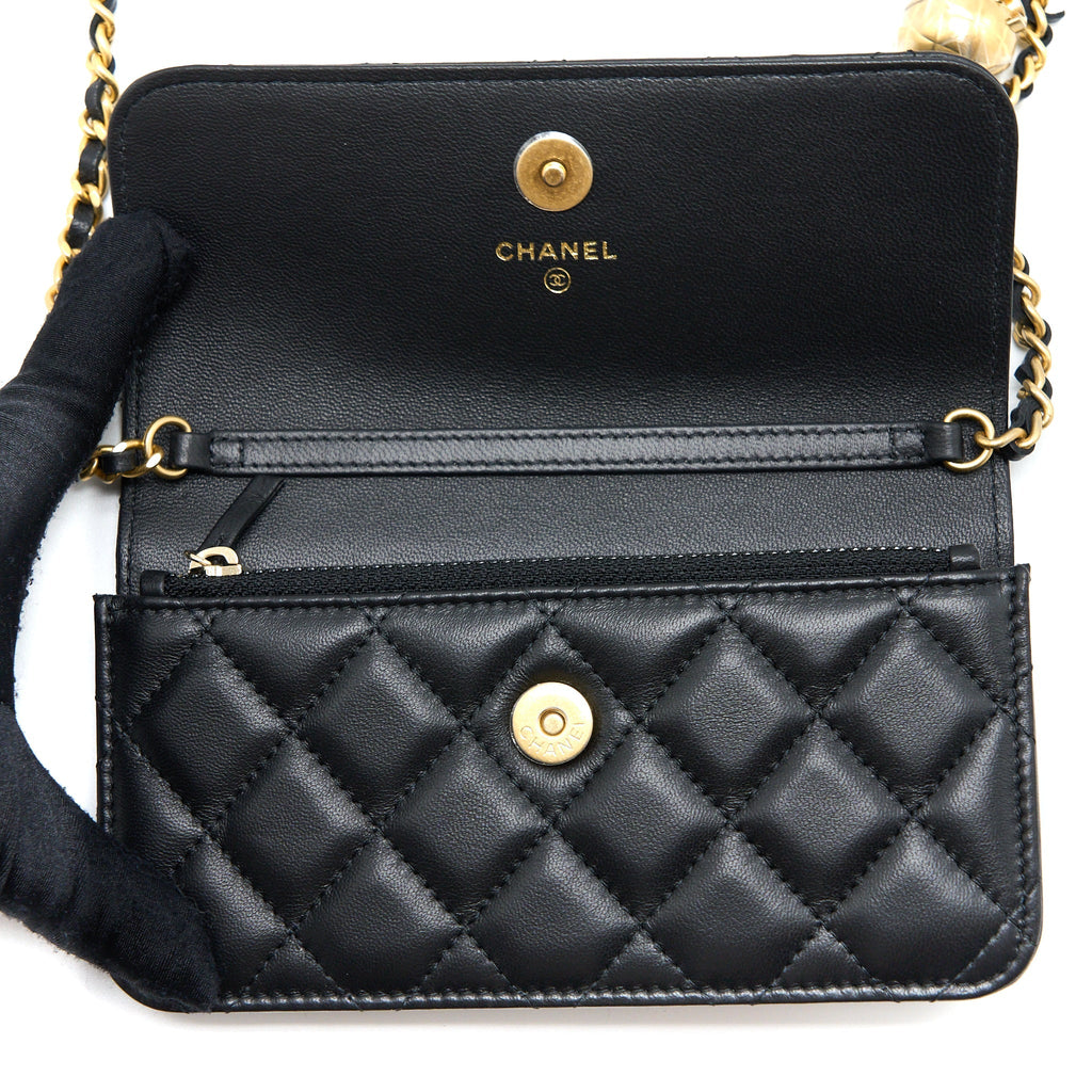 Chanel Pearl Crush Mini Wallet On Chain Lambskin Black Brushed  (Microchip)