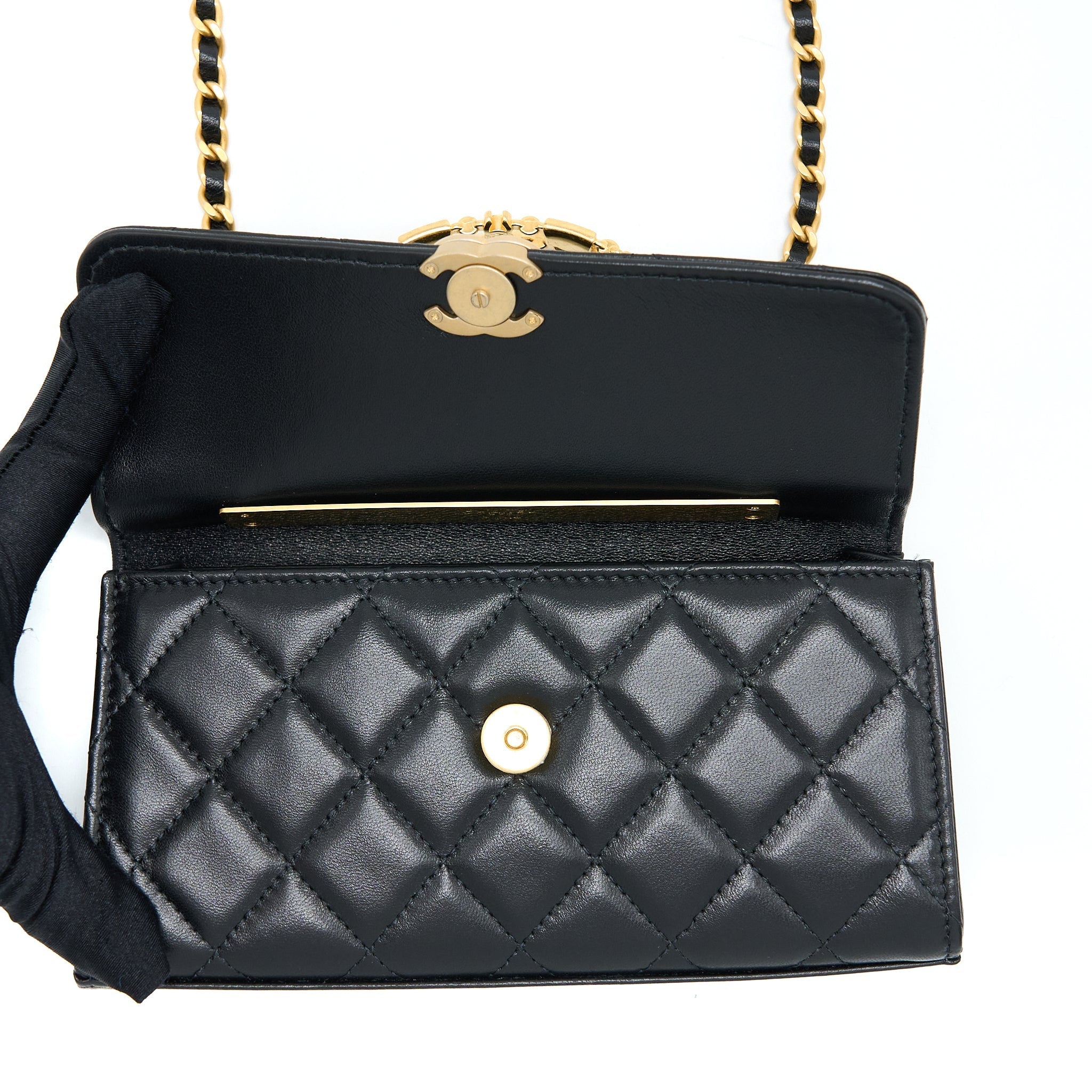 Chanel 22B Flap Bag With Enamel Top Handle Lambskin Black