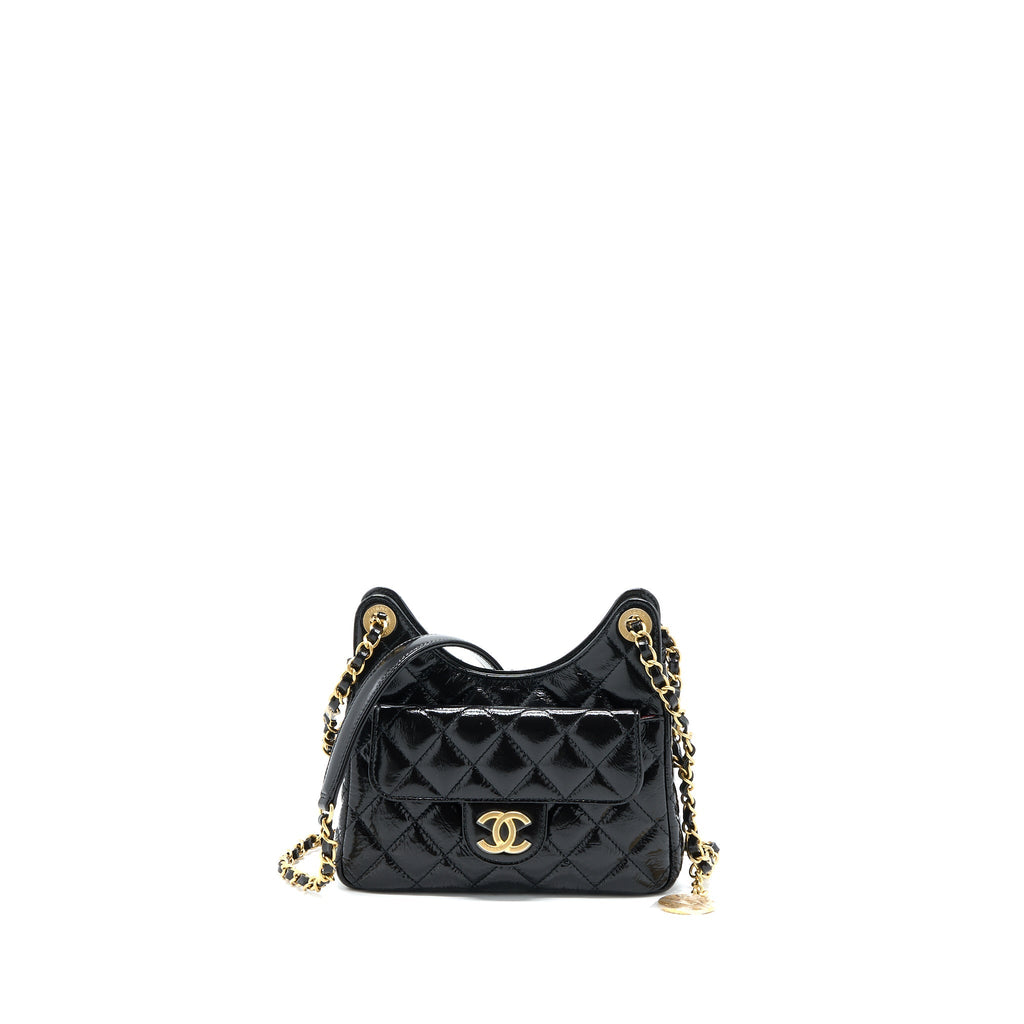 Chanel 23C Small Hobo Bag Shiny Calfskin Black Brushed  (Microchip)