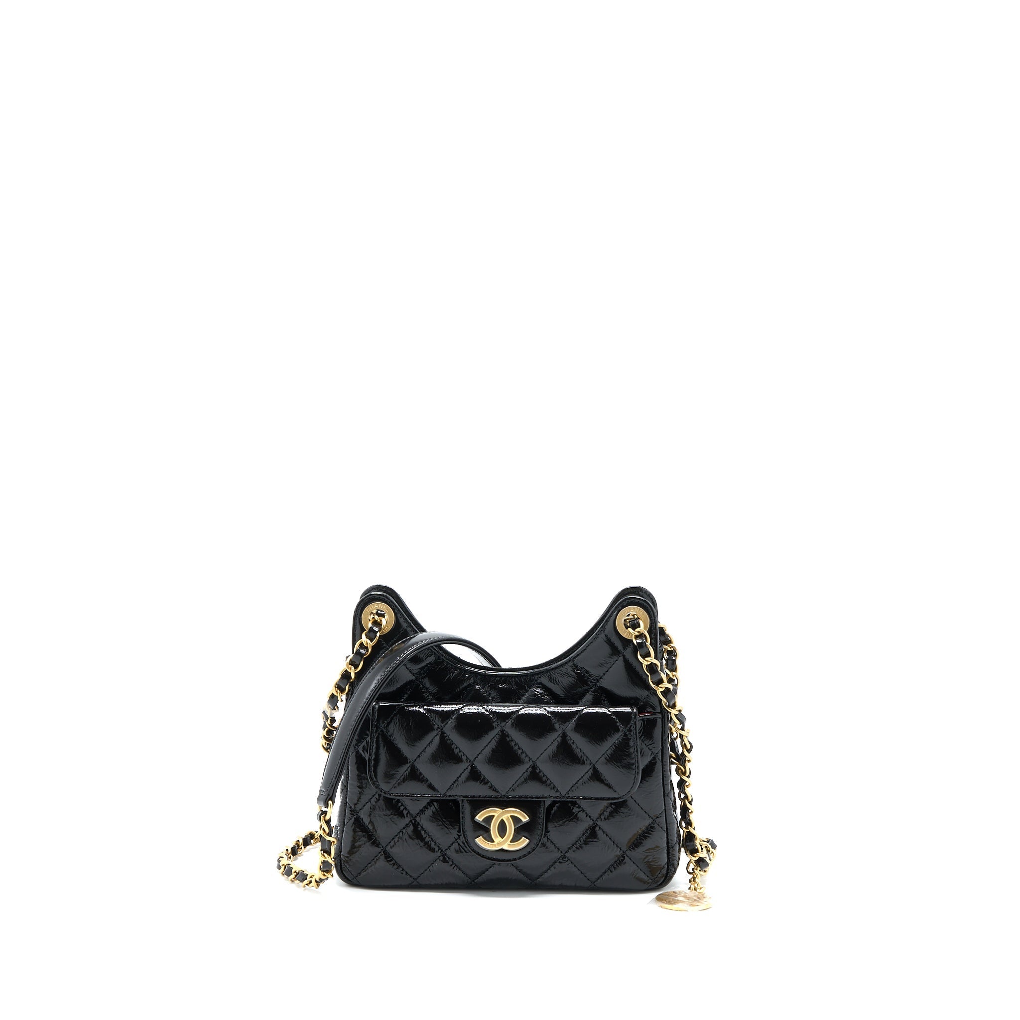 Chanel 23C Small Hobo Bag Shiny Calfskin Black Brushed  (Microchip)