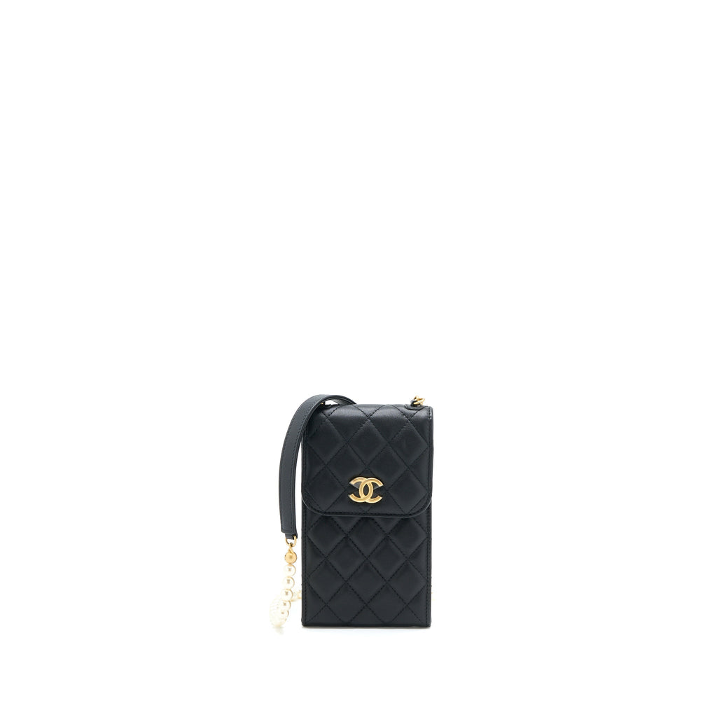 Chanel Vertical Flap Phone Pouch with Pearl Chain Lambskin Black Brushed