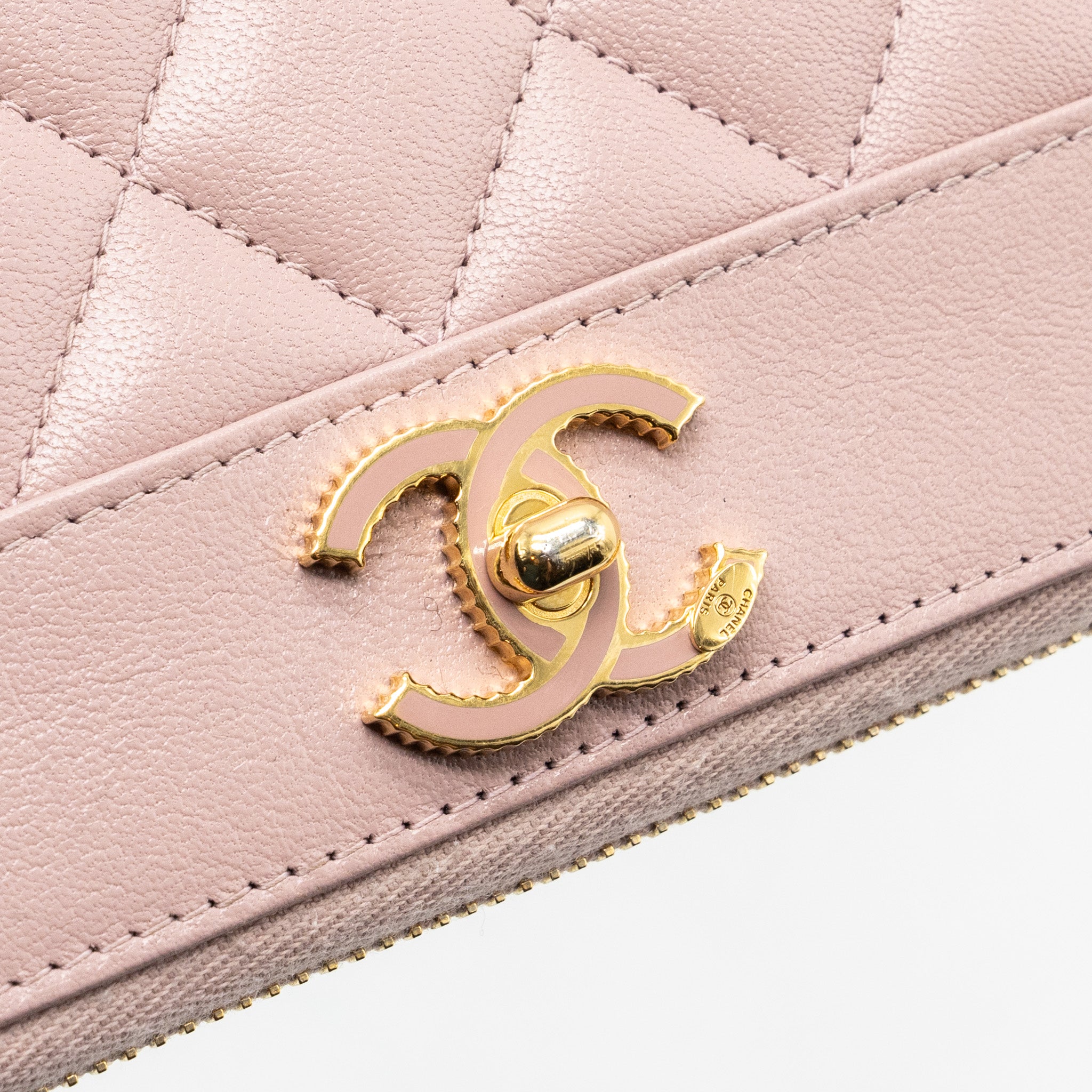 Chanel zip long wallet goatskin leather light pink
