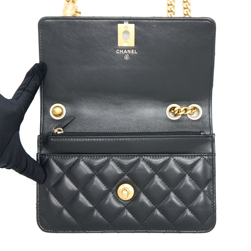 Chanel 22K Gold Pillar Wallet On Chain Lambskin Black Brushed  (Microchip)