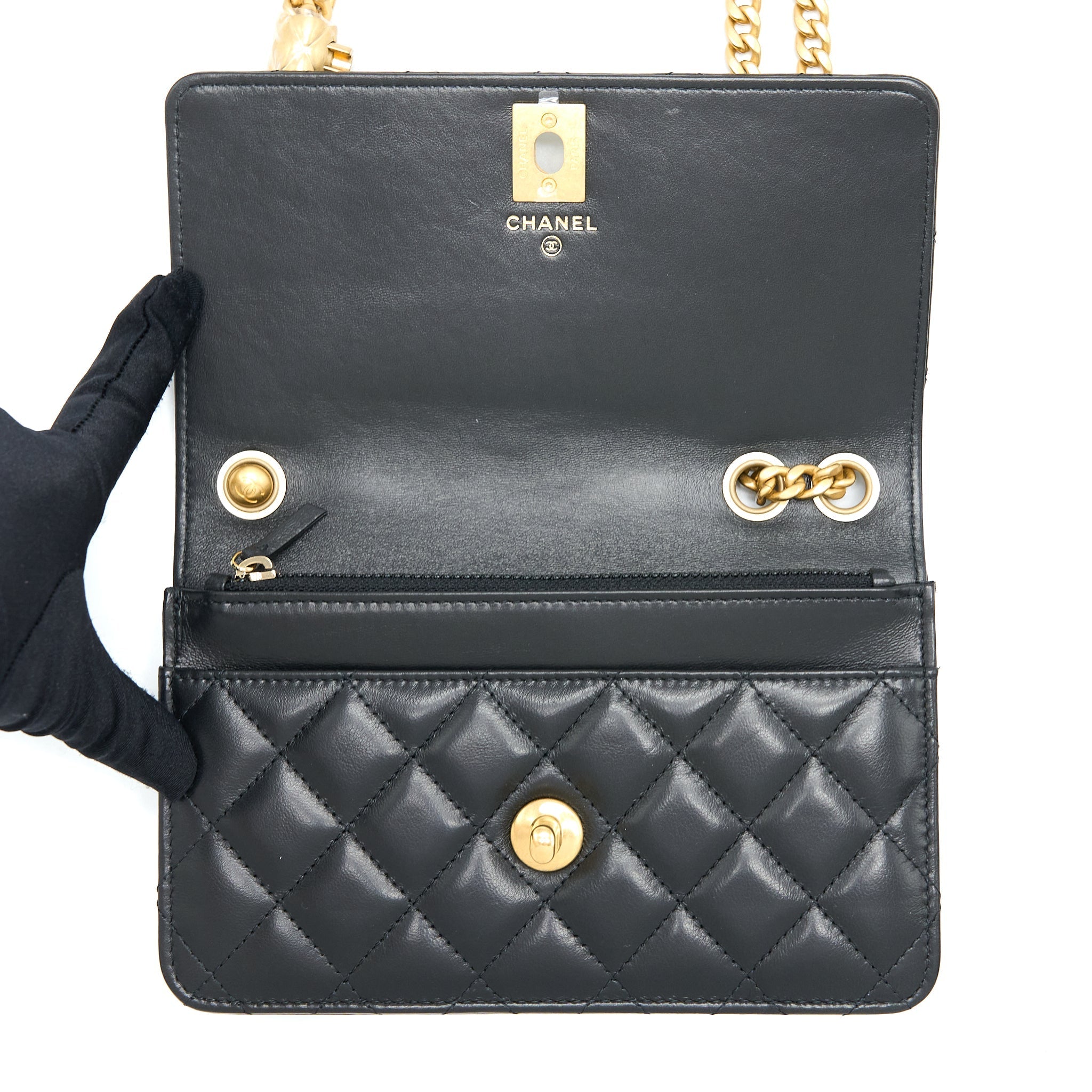 Chanel 22K Gold Pillar Wallet On Chain Lambskin Black Brushed  (Microchip)
