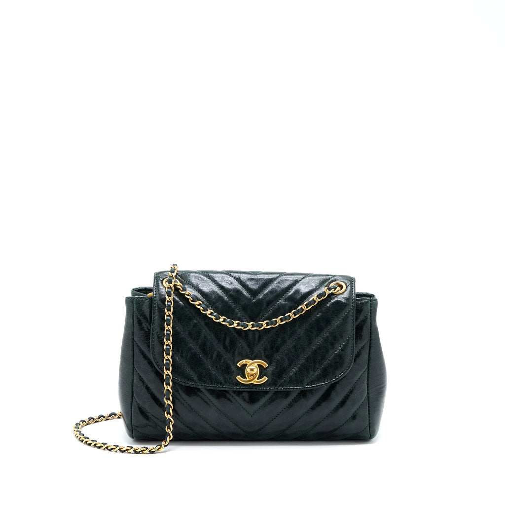 Chanel Chevron Hampton Flap Bag Aged Calfskin Dark Green