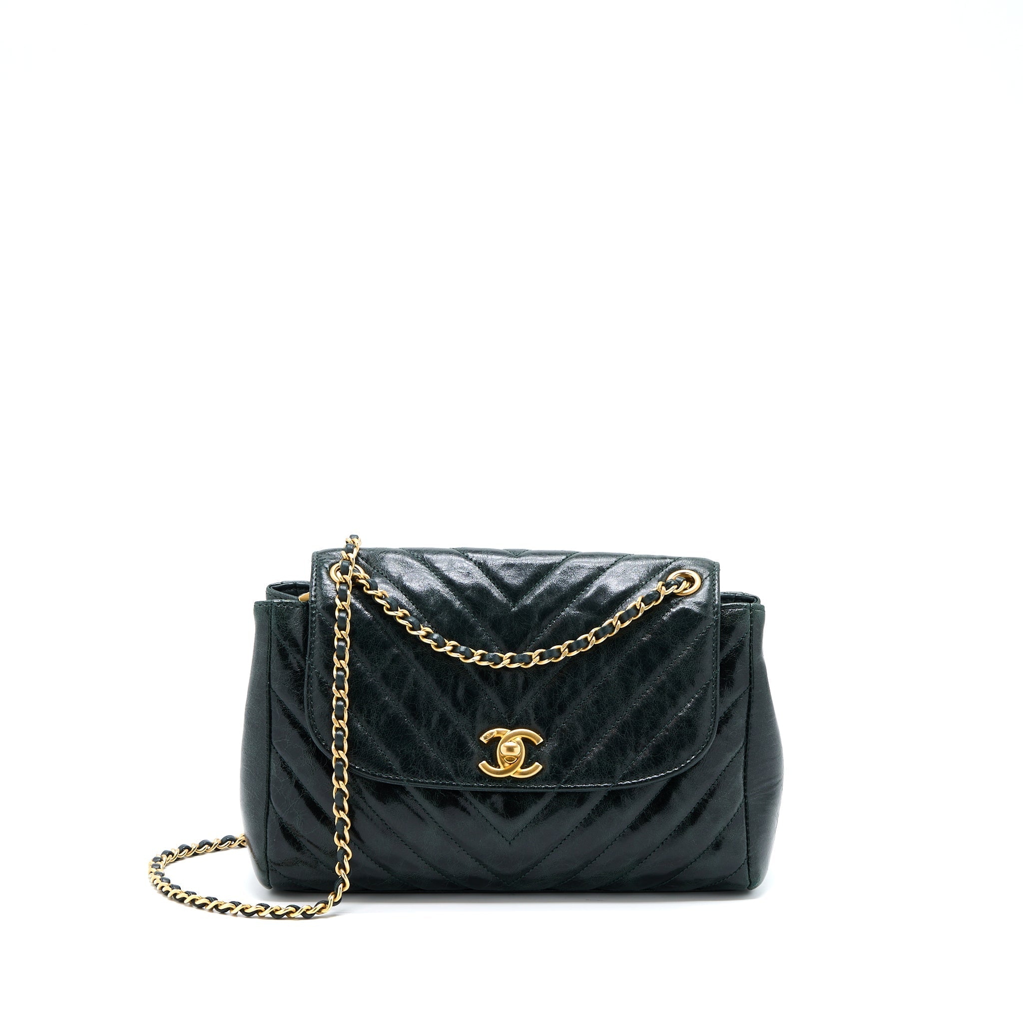 Chanel Chevron Hampton Flap Bag Aged Calfskin Dark Green