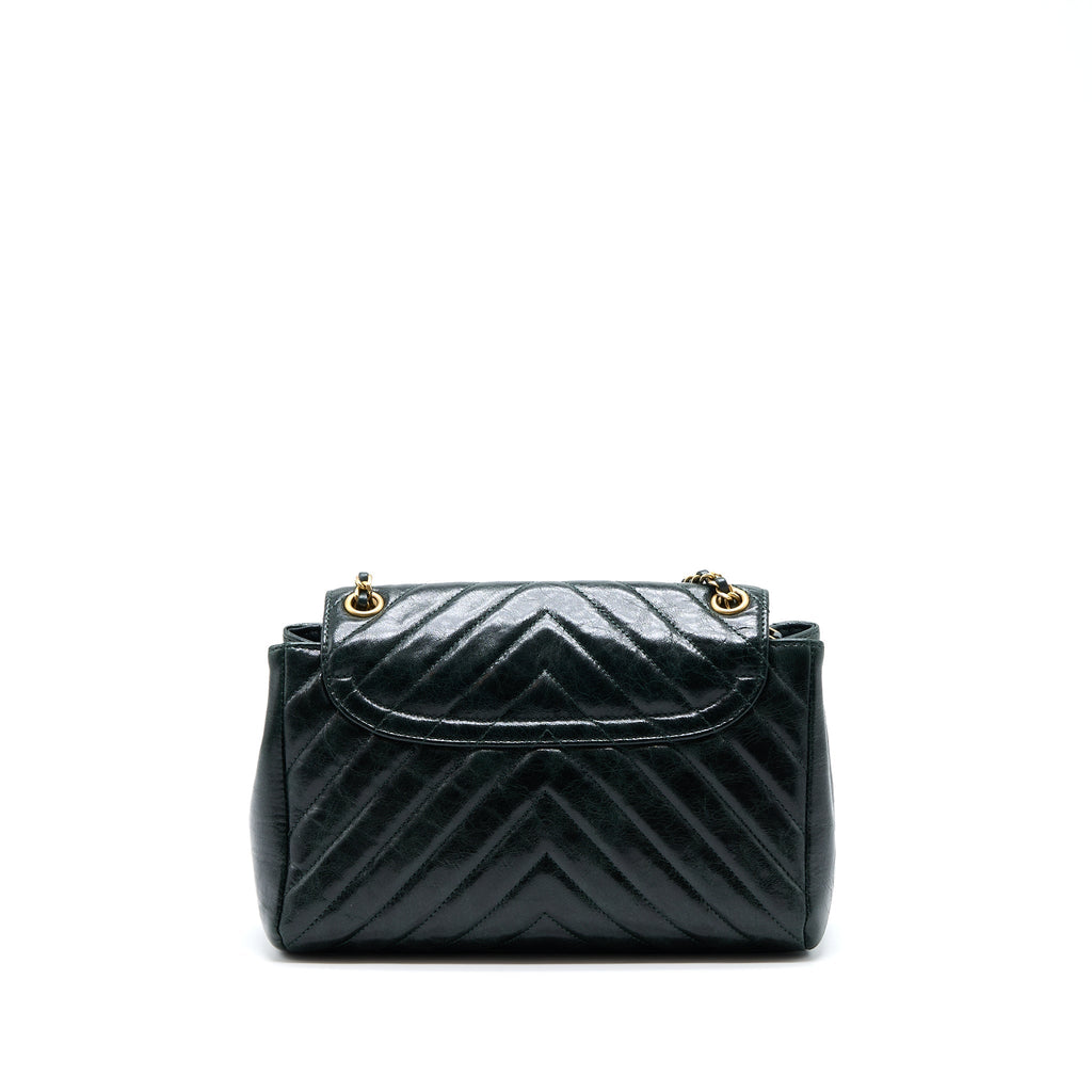 Chanel Chevron Hampton Flap Bag Aged Calfskin Dark Green