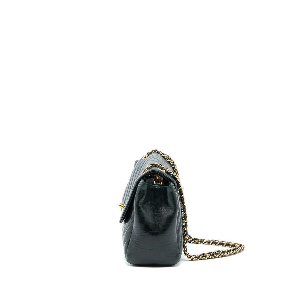 Chanel Chevron Hampton Flap Bag Aged Calfskin Dark Green