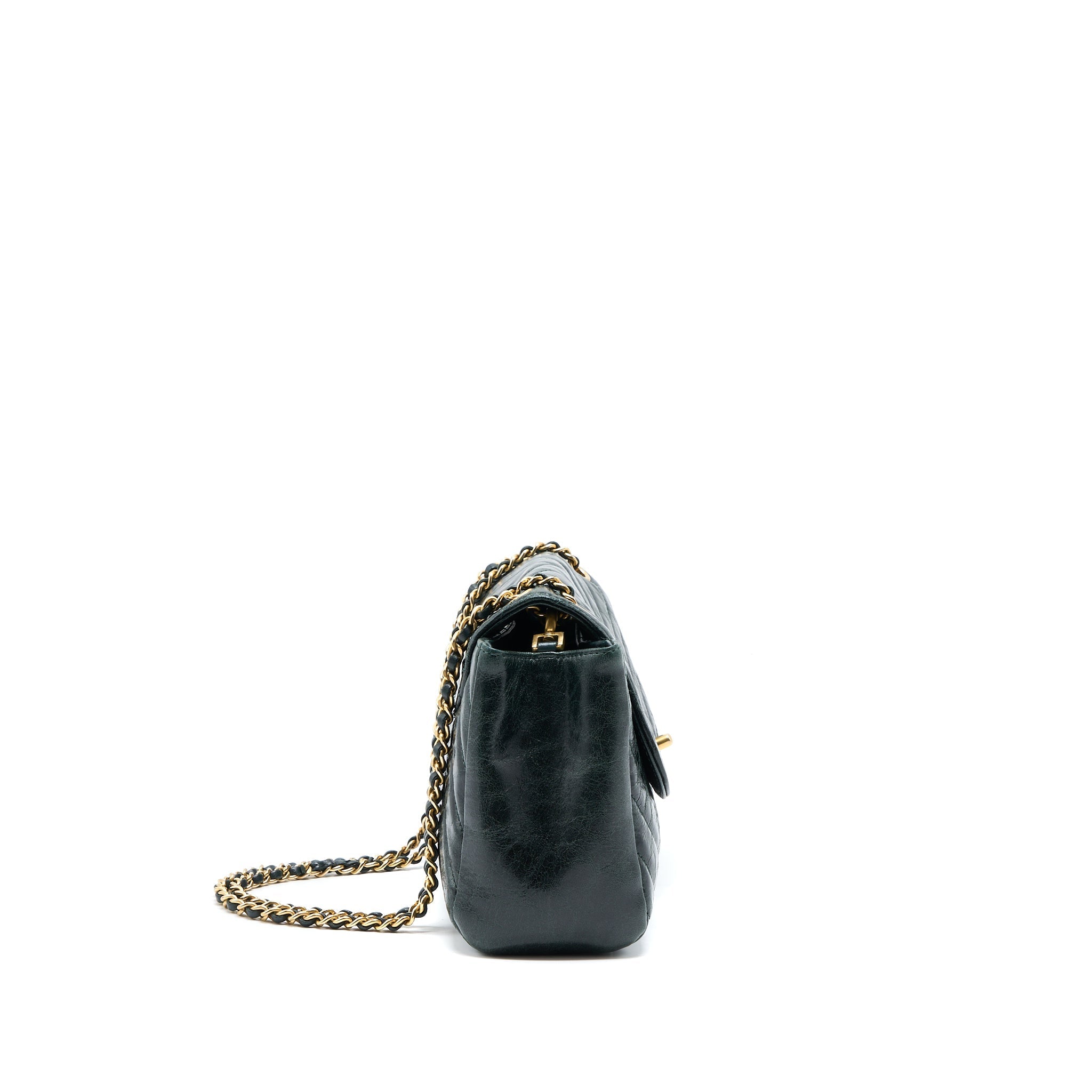 Chanel Chevron Hampton Flap Bag Aged Calfskin Dark Green