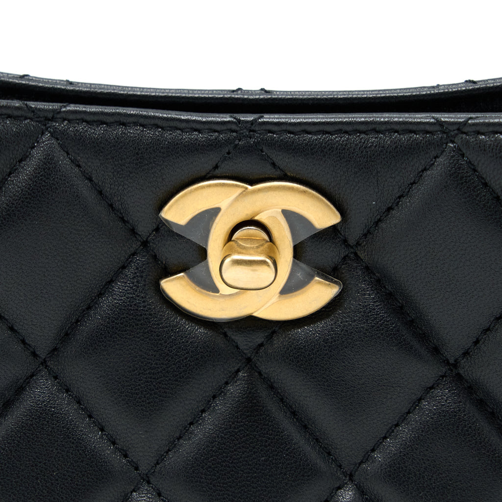 Chanel Pearl Crush Hobo Bag Lambskin Black  (Microchip)
