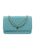 CHANEL CC WOC Chevron Leather Wallet On Chain Crossbody Bag Turquoise