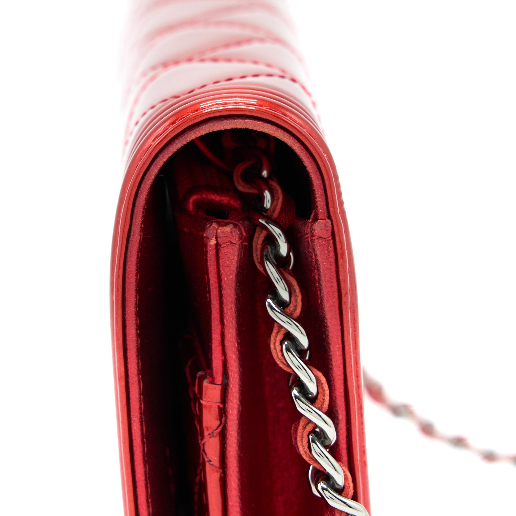 Chanel Boy Wallet On Chain Patent Metallic Red