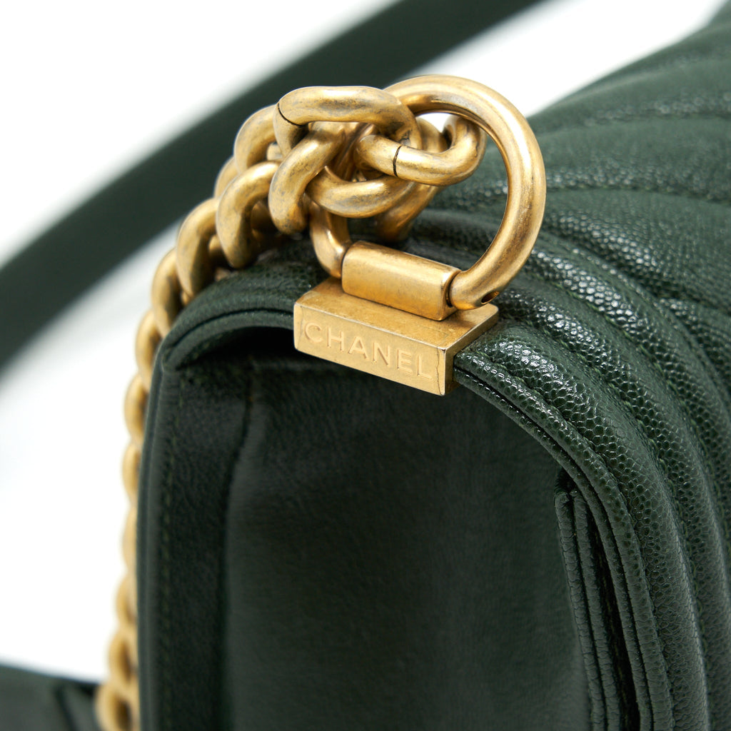 Chanel Chevron Medium Boy Bag Caviar Green Brushed